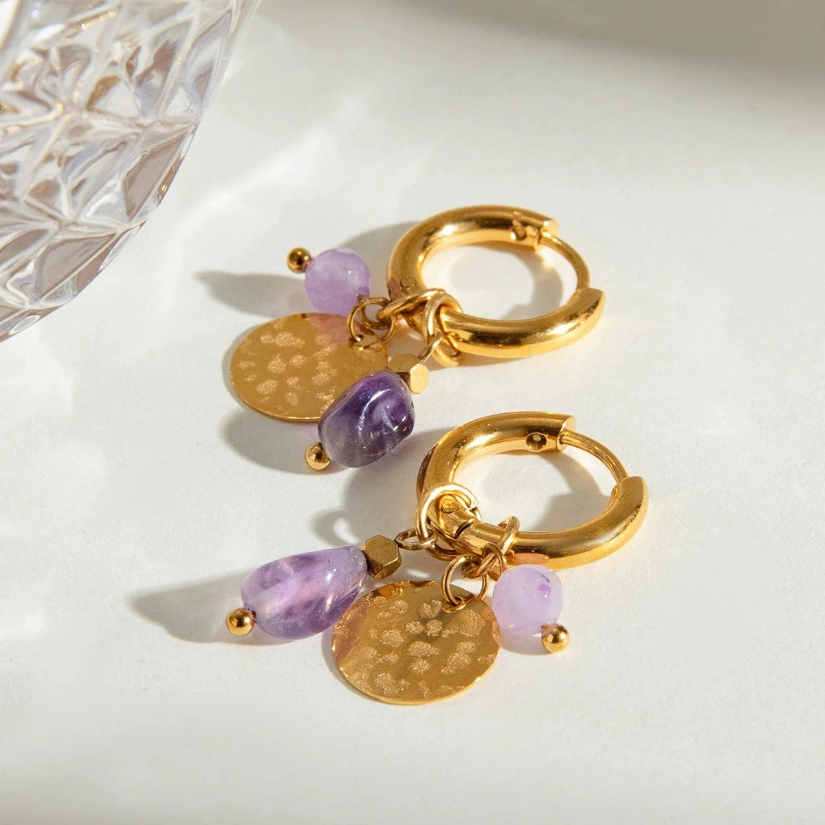 Amethyst Glow Charm Hoops