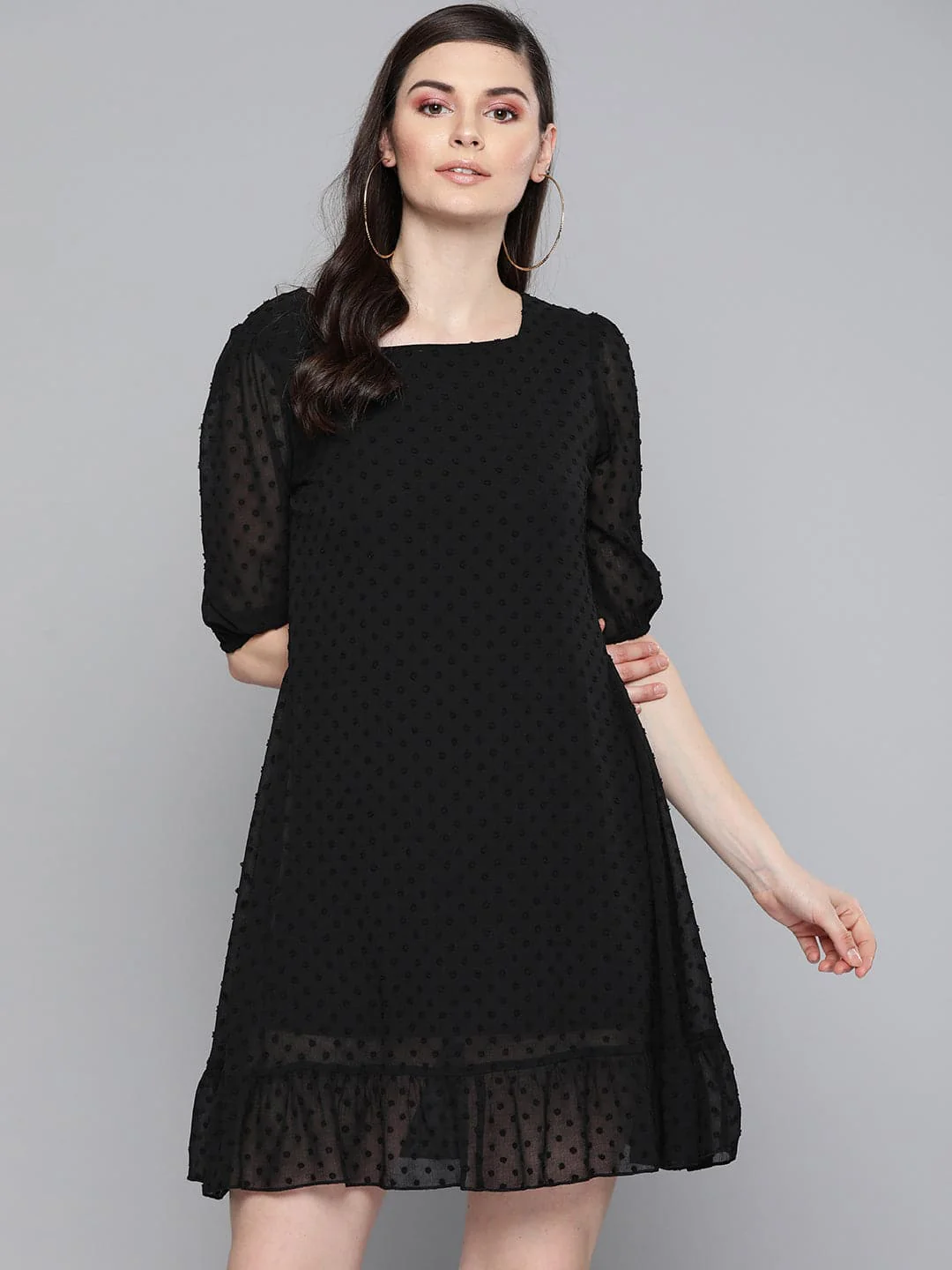 Women Black Dobby Frill Hem Short Dress