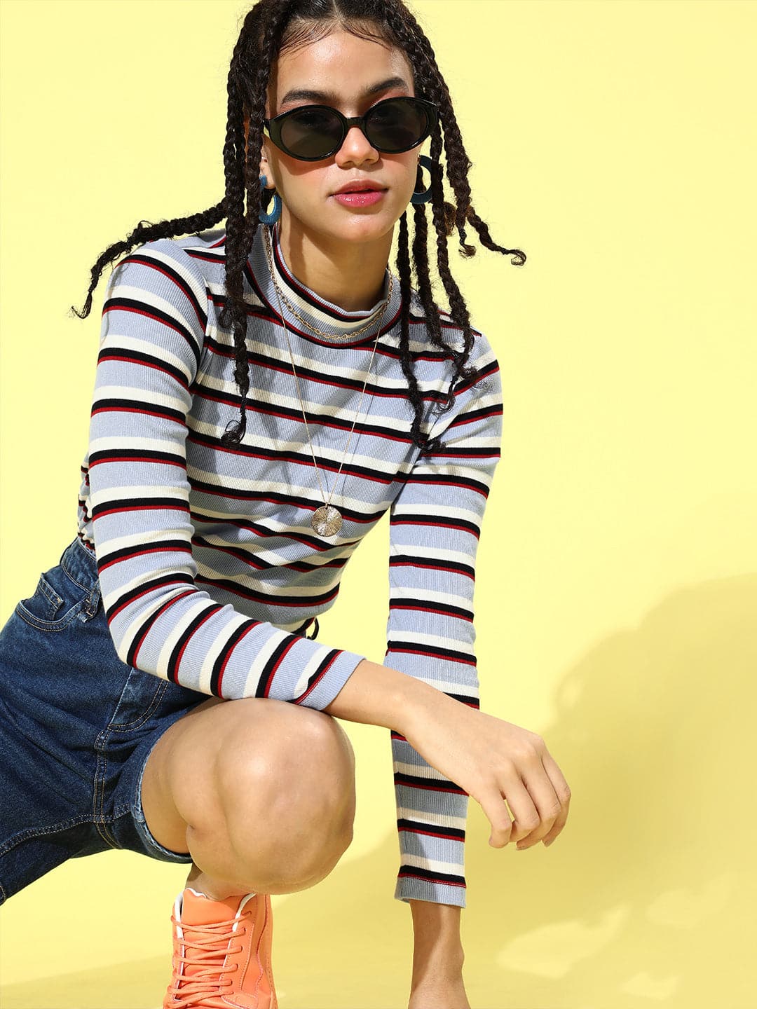 Women Blue Multi Stripe High Neck Full Sleeve Rib Top