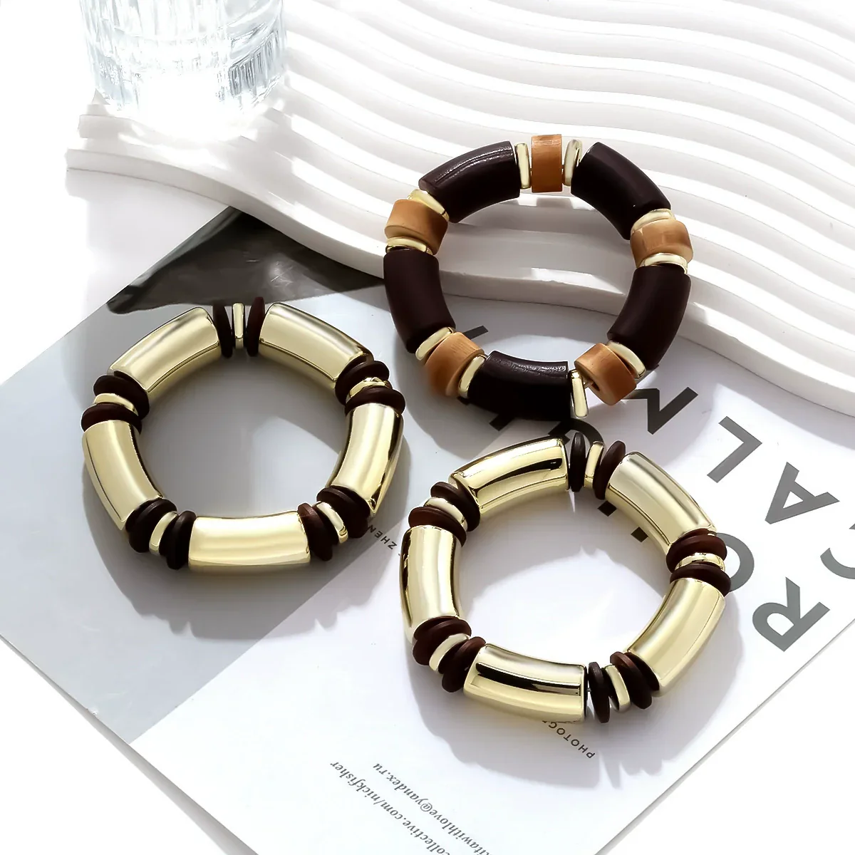 Bold Luxe Barrel Bead Bracelet Gold Earthy Brown Design
