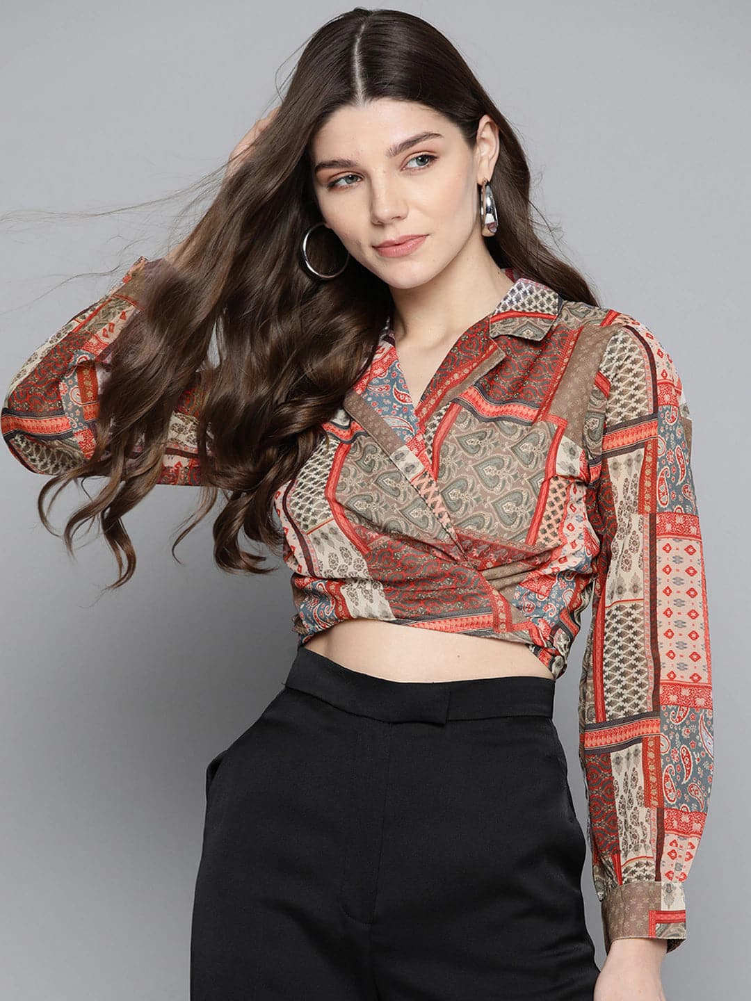 Women Brown Patch Tie Knot Crop Shirt Top