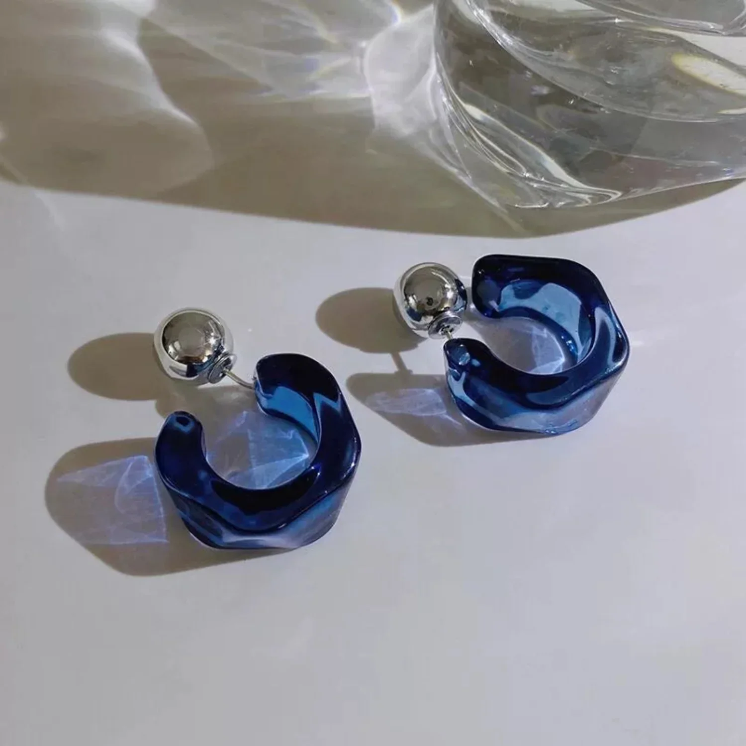 C Shaped Hoop Blue Earrings