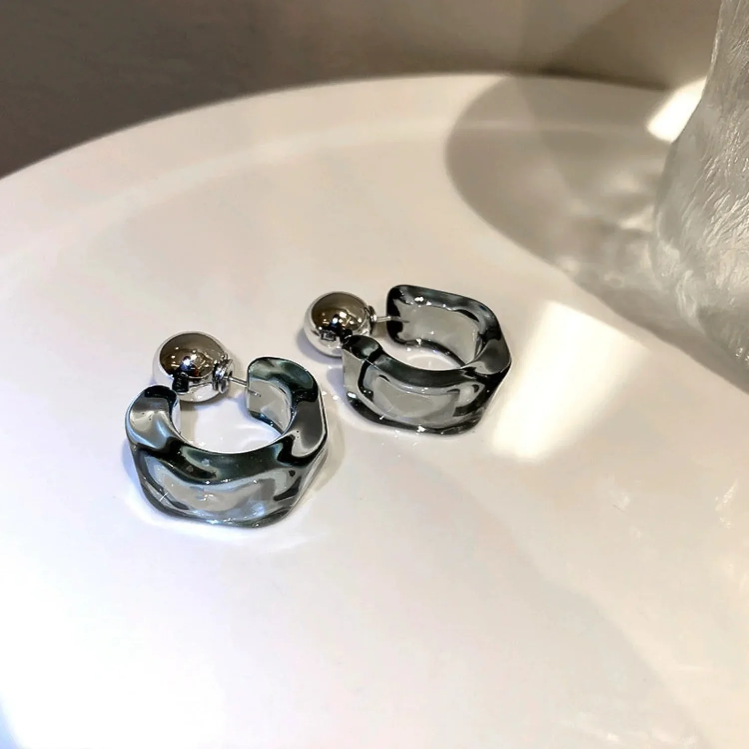 C Shaped Hoop Grey Earrings