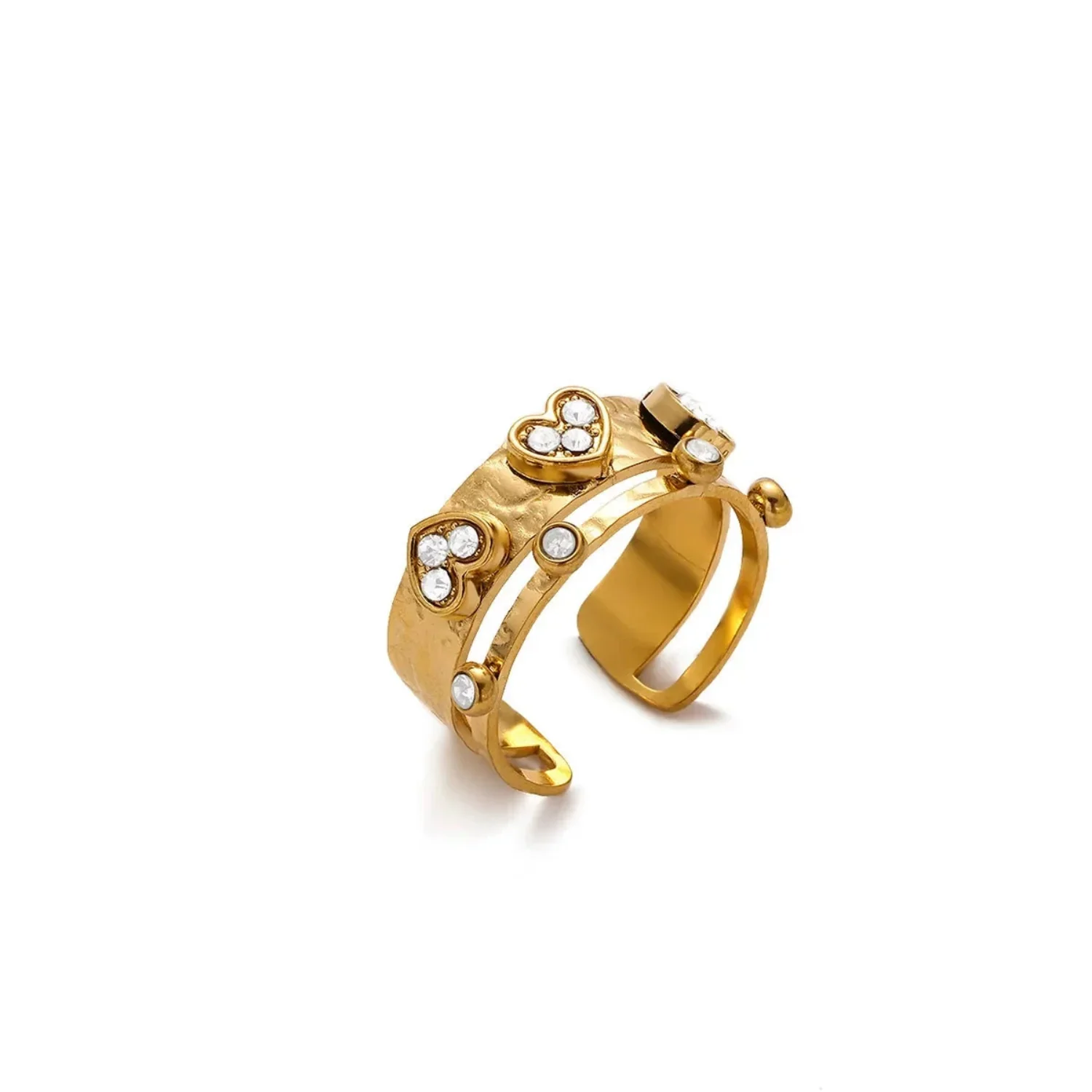 Crystal Heart Gold Textured Ring