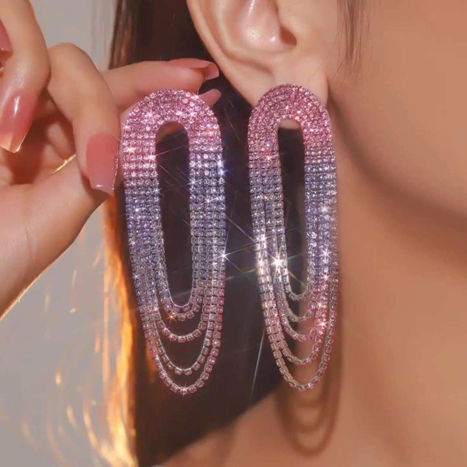 Crystal Multi Tassel Rhinestone Dangle Pin Earring