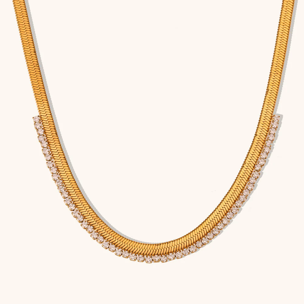 Dual Layer Zirconia Diamond Studed Gold Necklace