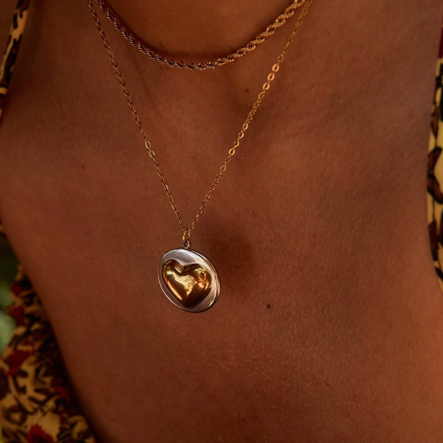 Dual Tone Puffy Heart Pendant Necklace