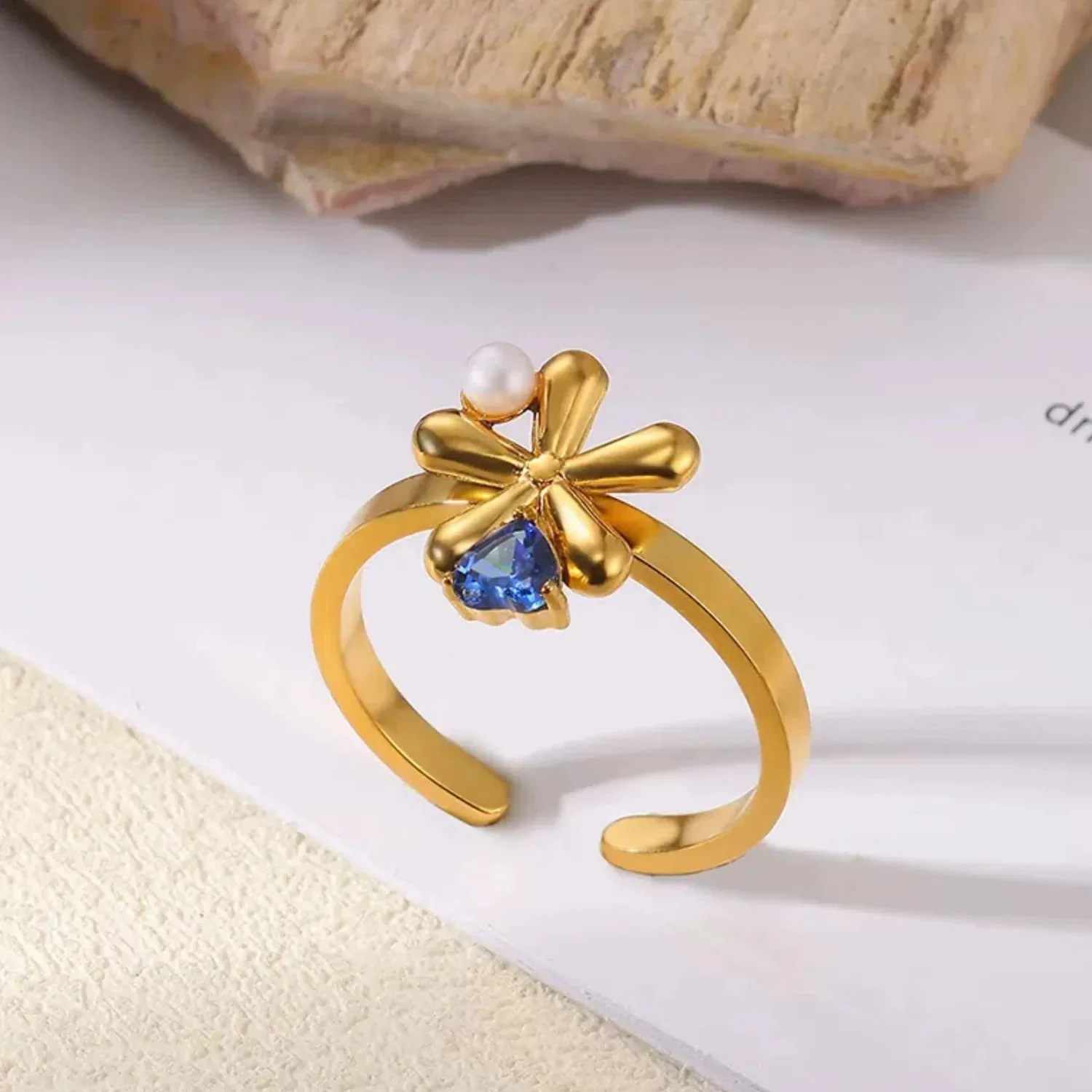 Gold Flower Blue Crystal Ring