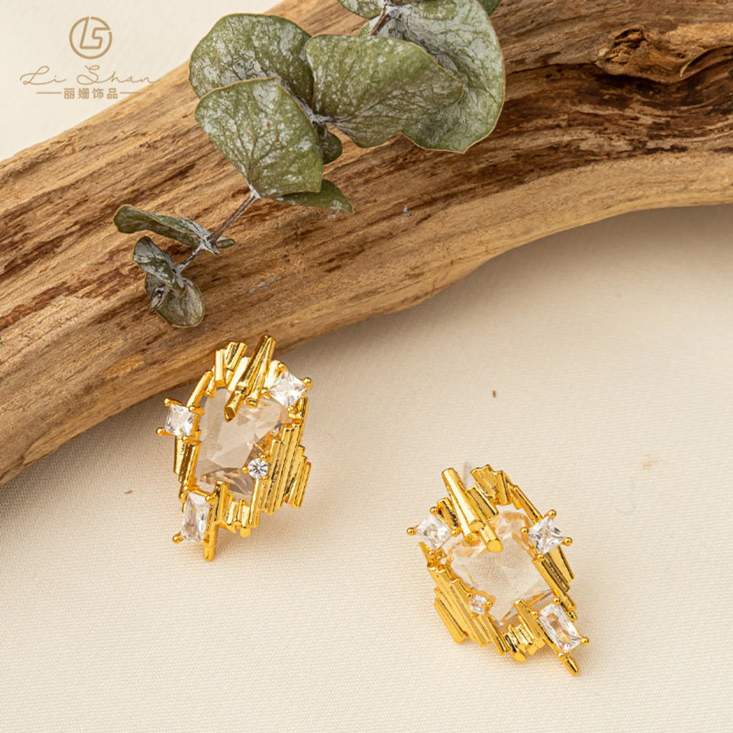 Gold Geometric Statement Earring With Crystal Accents