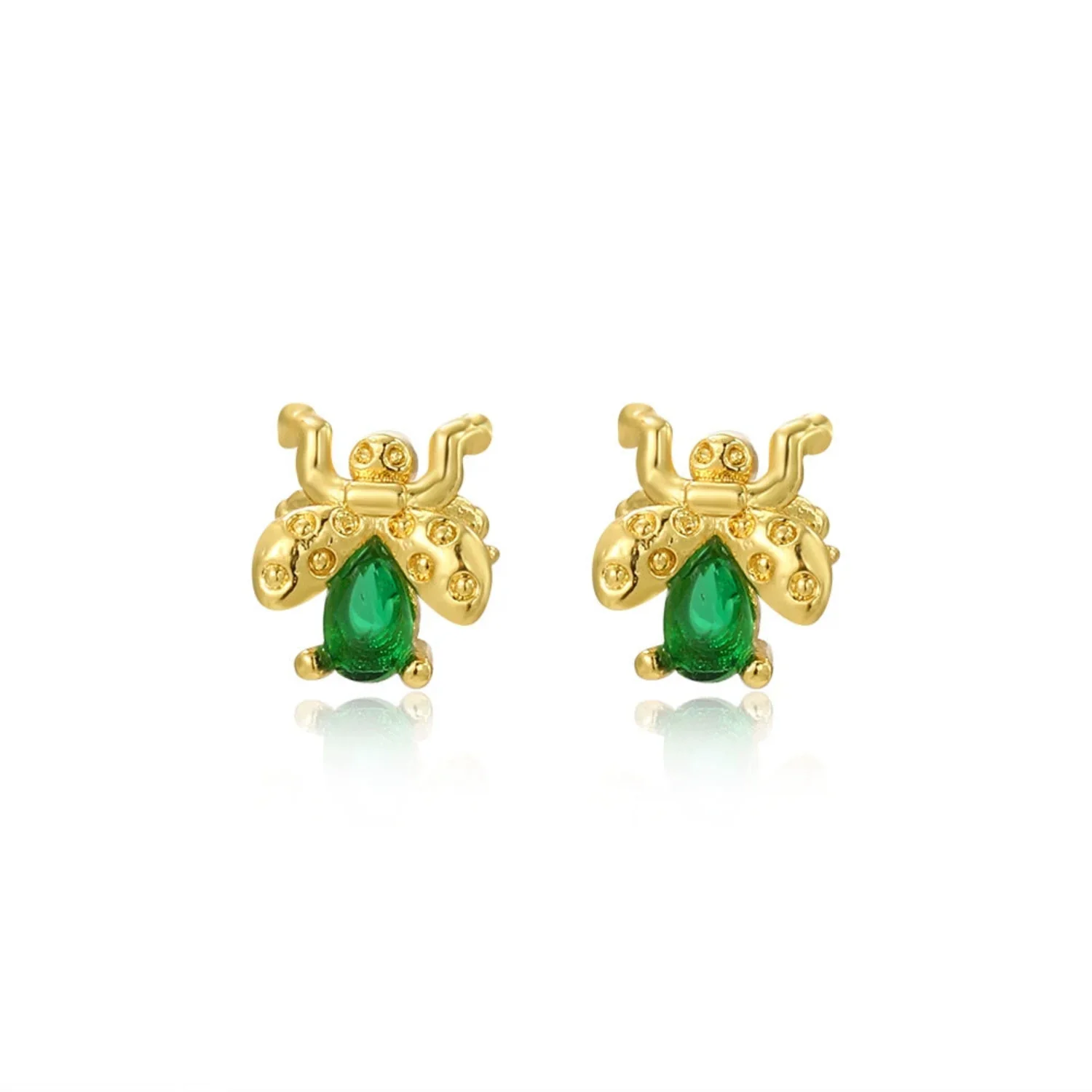 Golden Beetle Stud Earring With Green Teardrop Gemstone