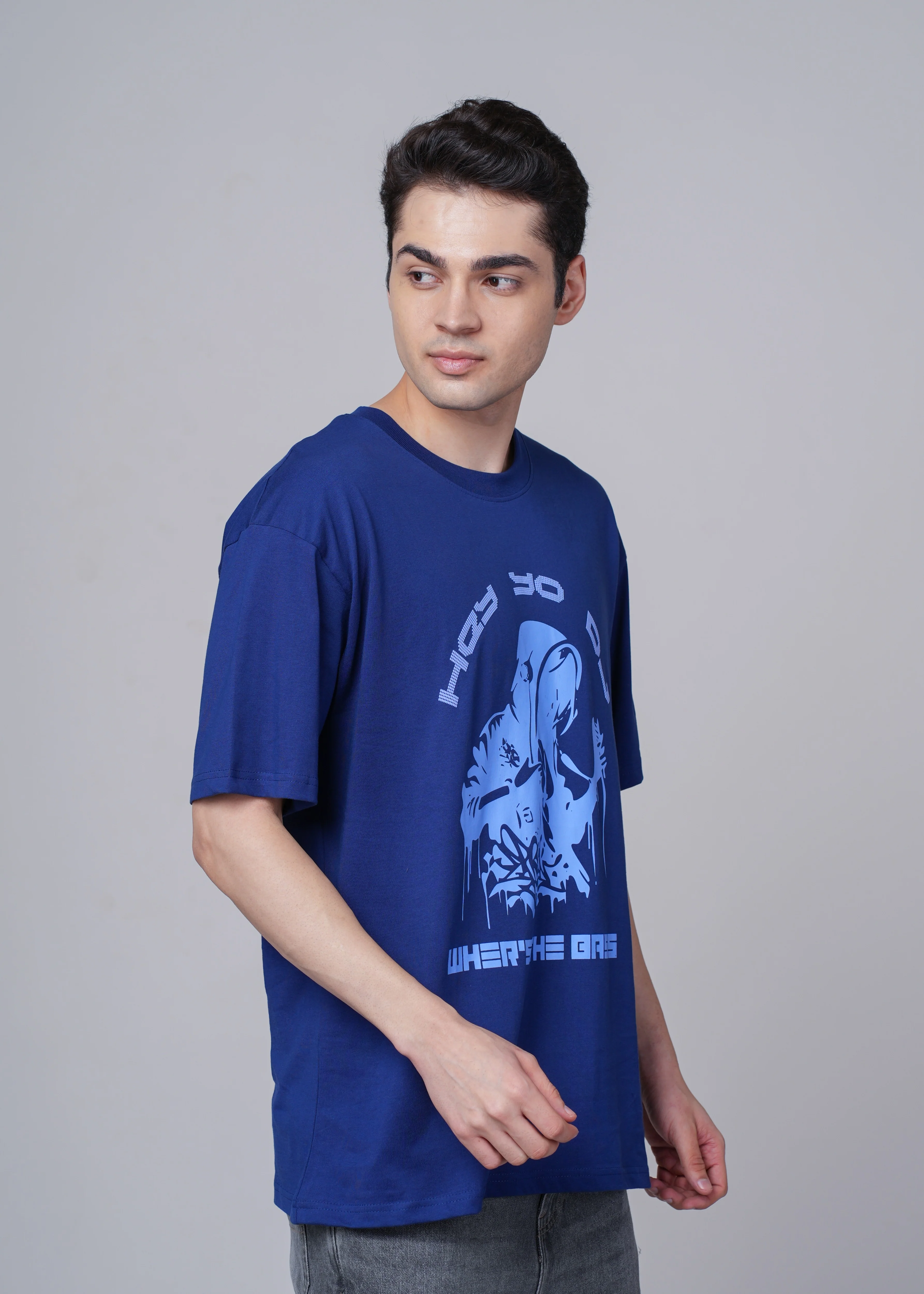 Men Blue Graphic Cotton Oversized T-Shirt - Image 2