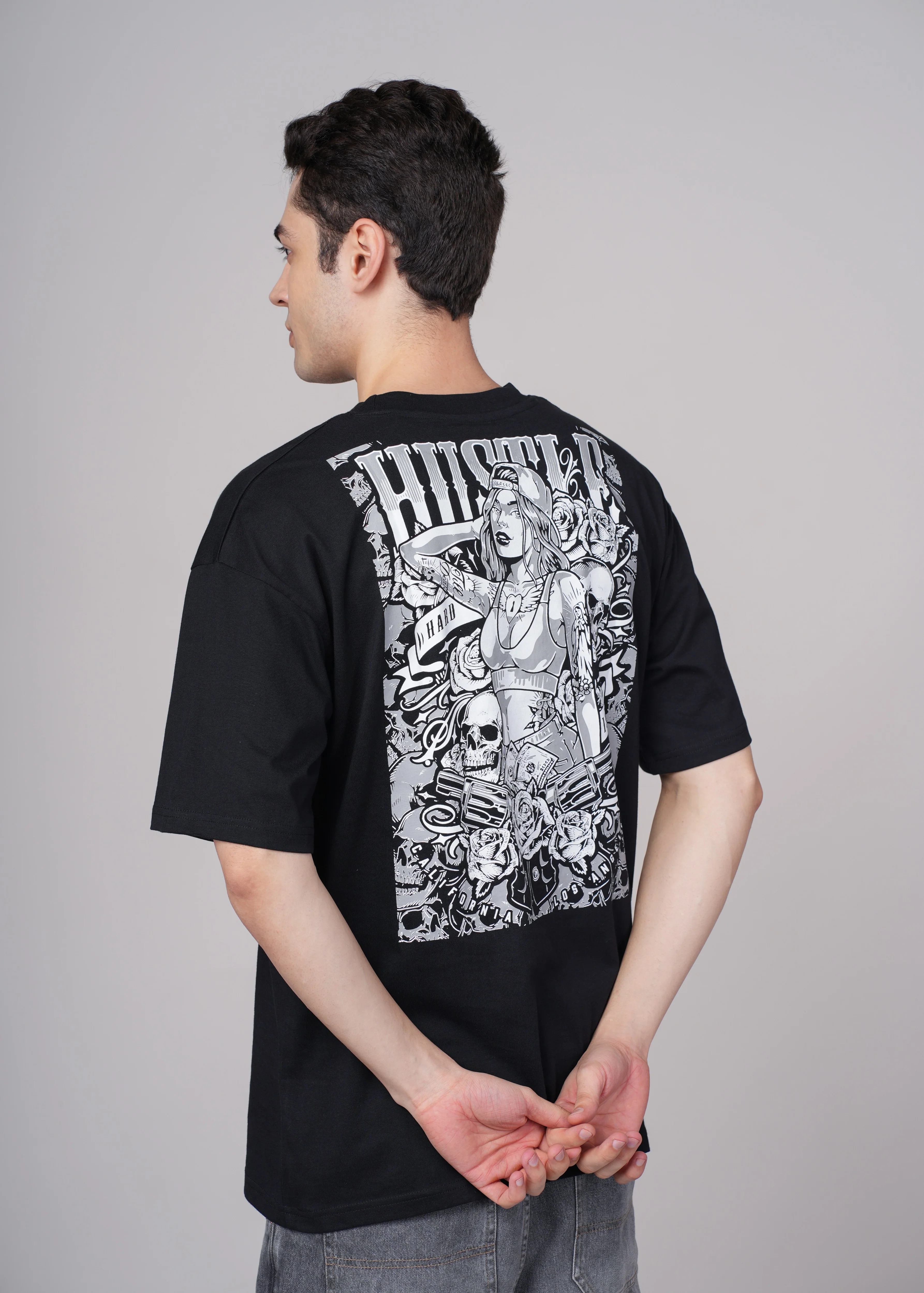 Men Black Graphic Cotton Oversized T-Shirt - Image 2