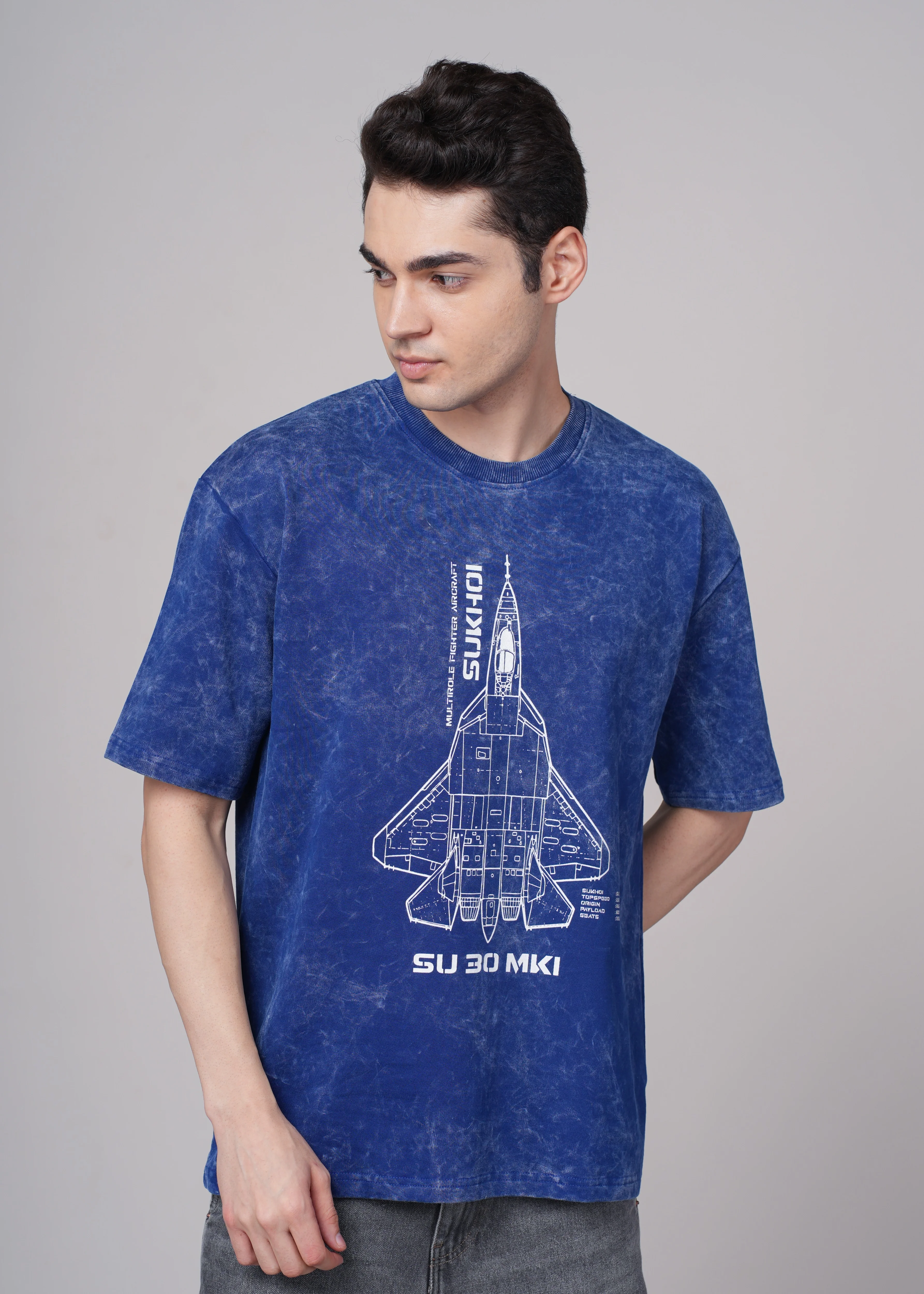 Men Blue Graphic Cotton Oversized T-Shirt
