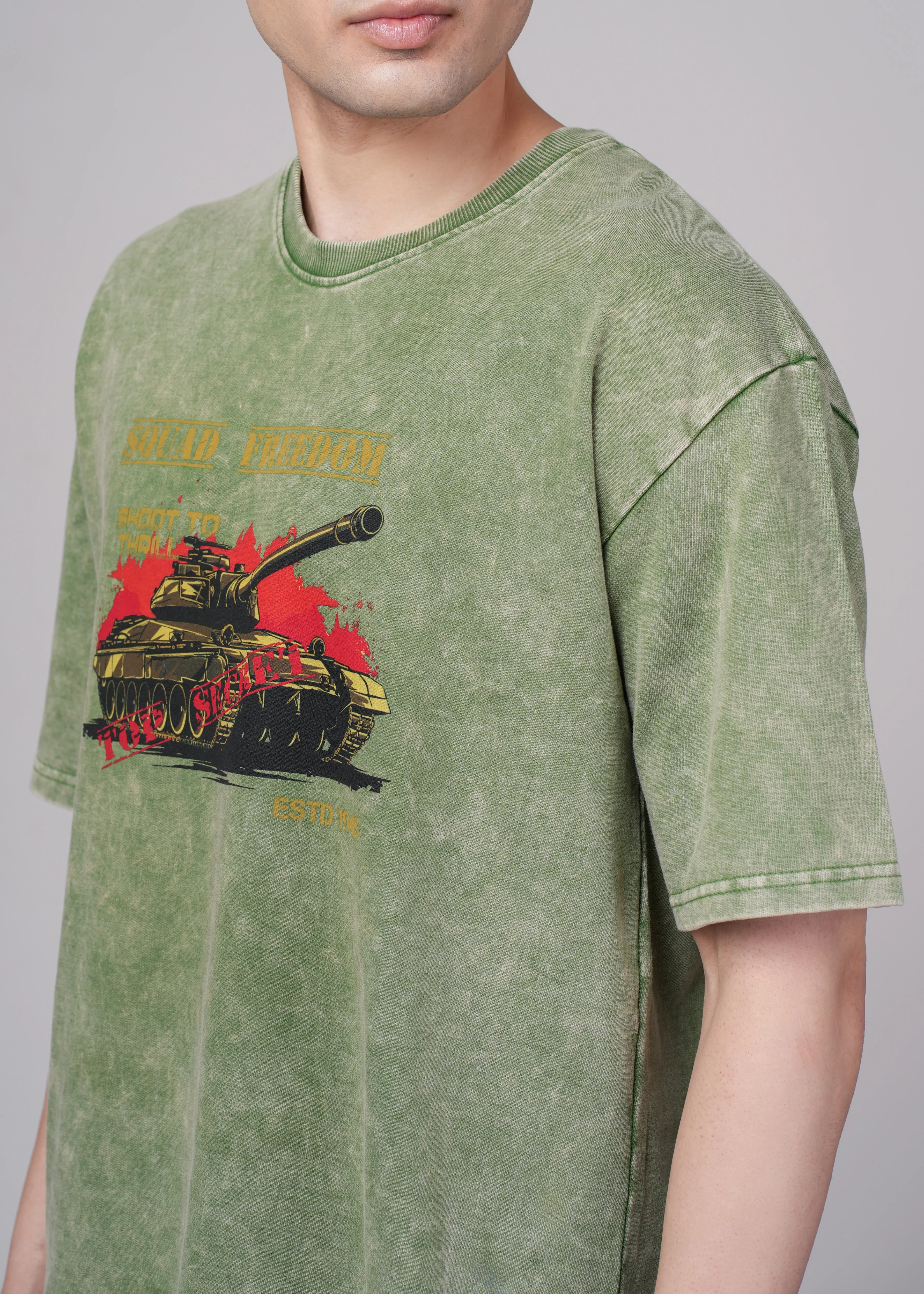 Men Olive Graphic Cotton Oversized T-Shirt - Image 2