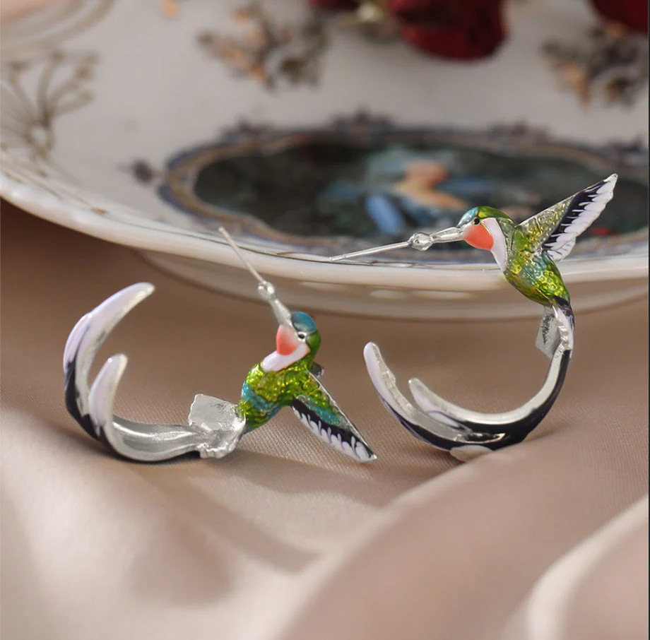 Humming Bird Silver Feather Multicolor Stud Earring