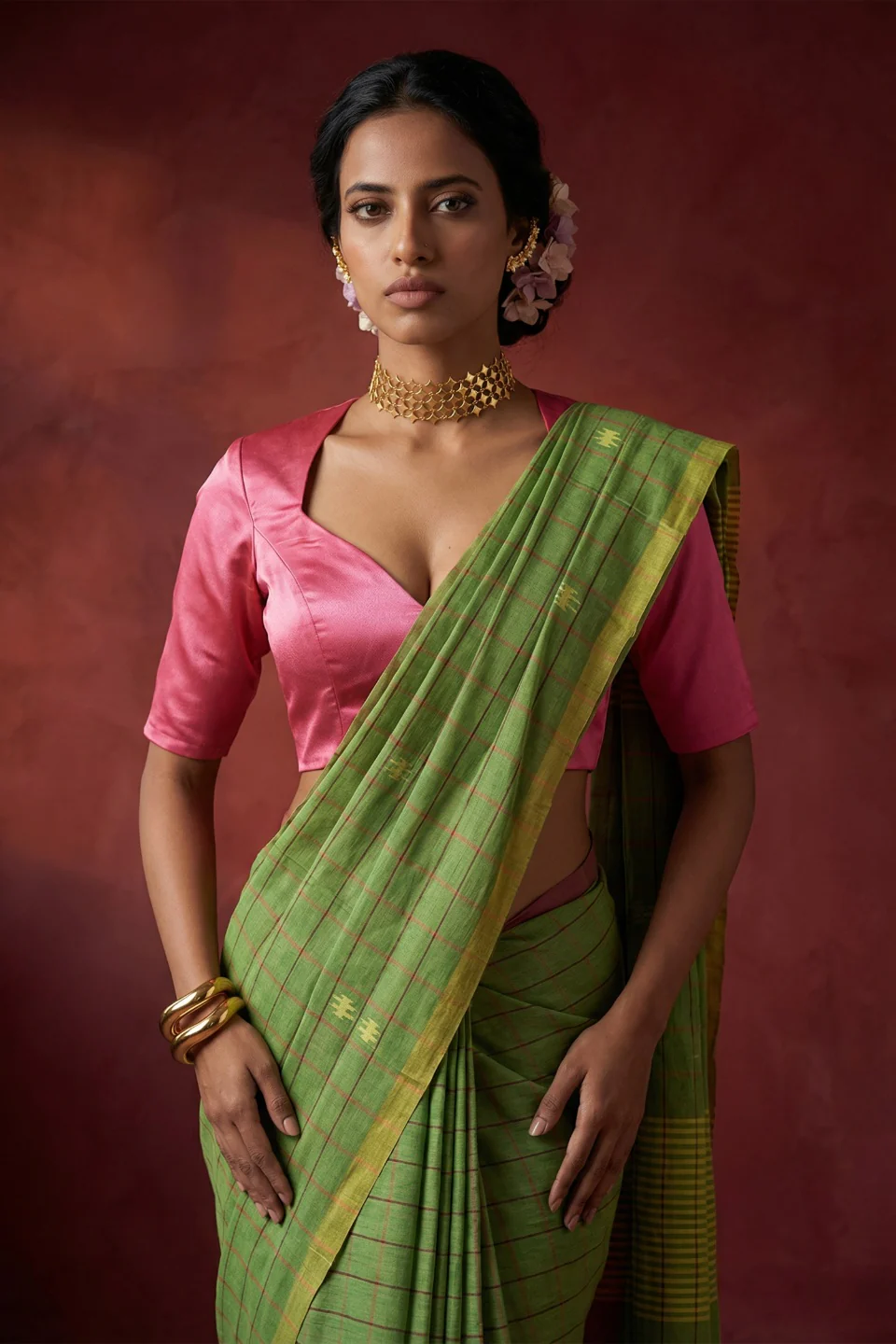 Iraaya Green Handwoven Checkered Cotton Saree - Image 2