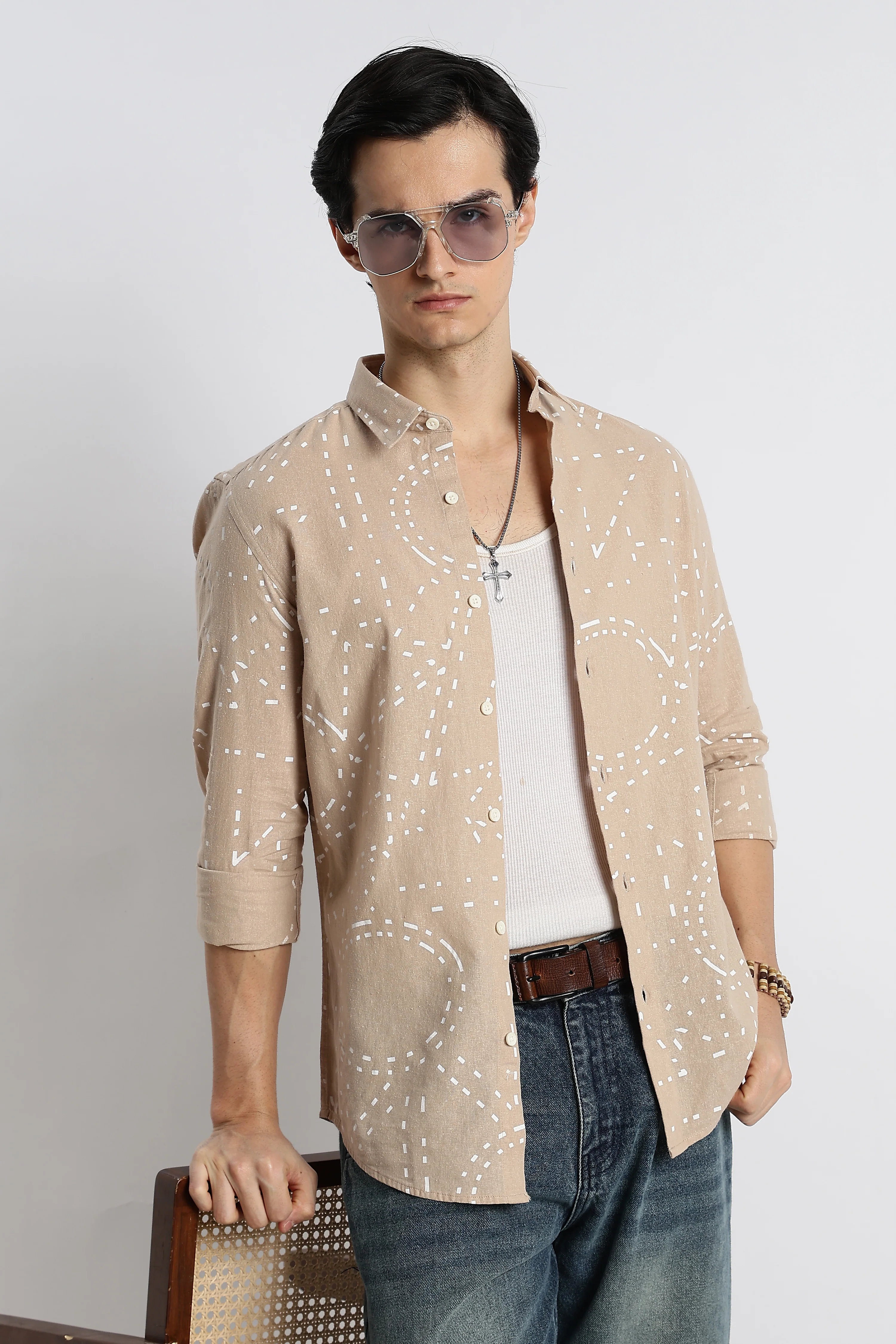Men Abstract Geo-Print Cotton Shirt