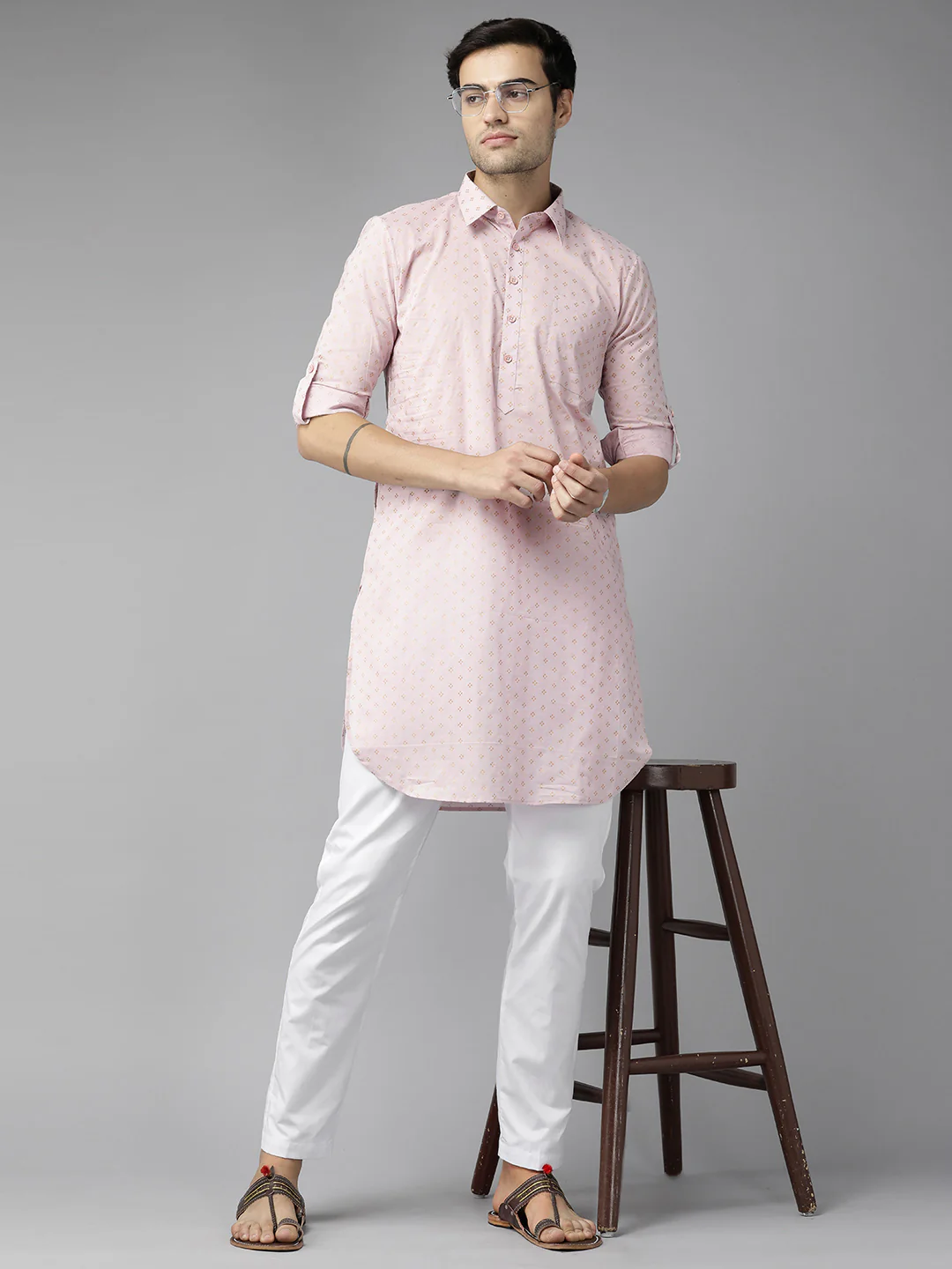 Men Baby Pink Regular Pure Cotton Pathani Printed Men'S Kurta