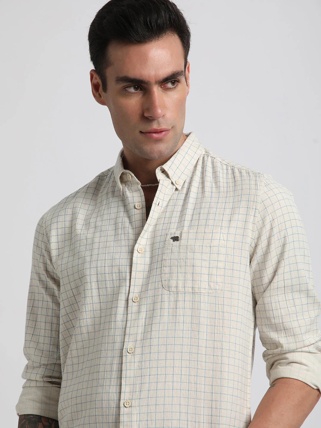 Men Beige Checked Slim Fit Cotton Casual Shirt