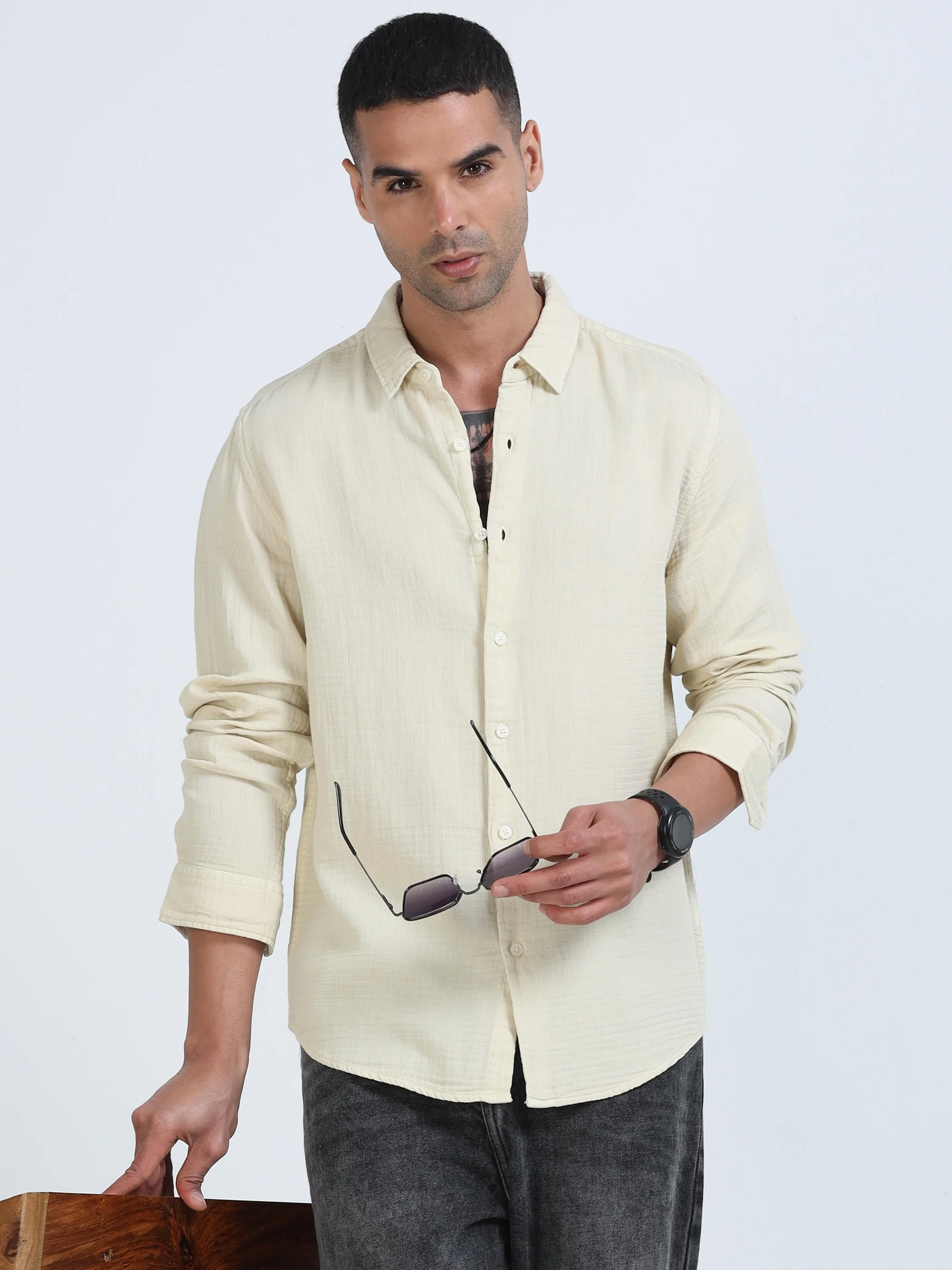 Men Beige Cotton Double Cloth Shirt
