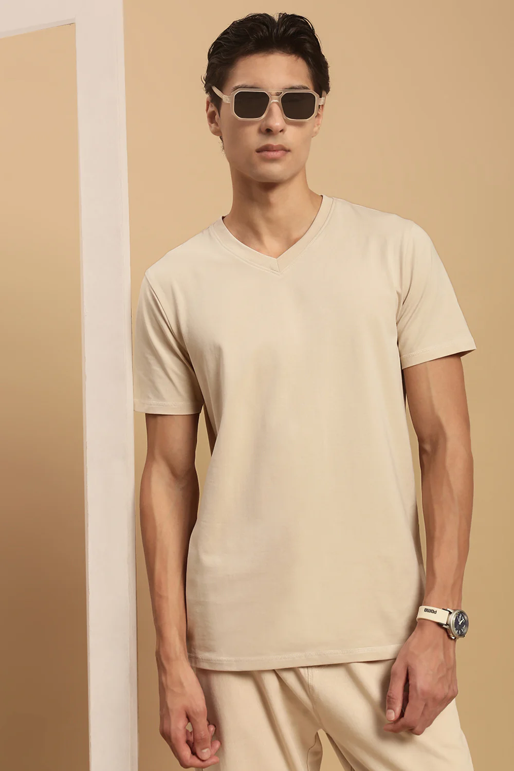 Men Beige Half Sleeve T-Shirt - Image 2