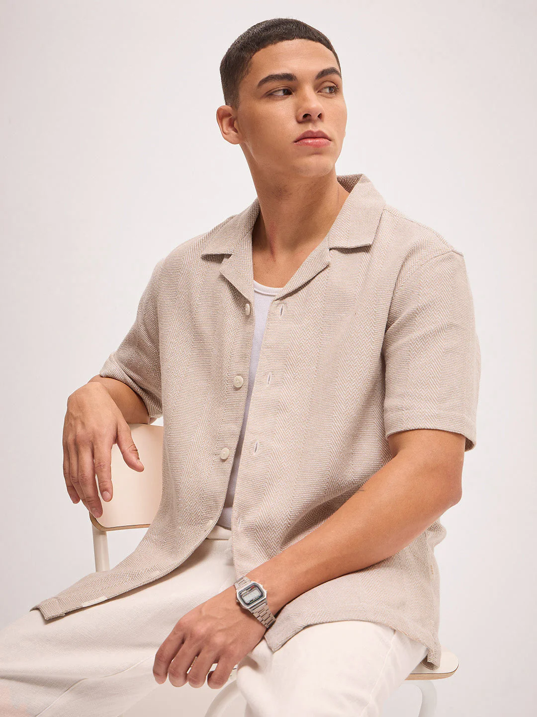 Men Beige Self Design Regular Fit Casual Shirt
