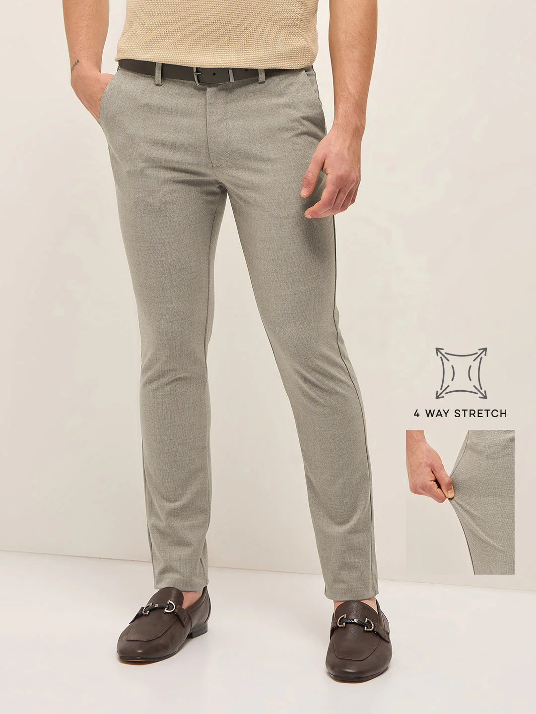 Men Beige Solid 4 Way Stretch Formal Trouser