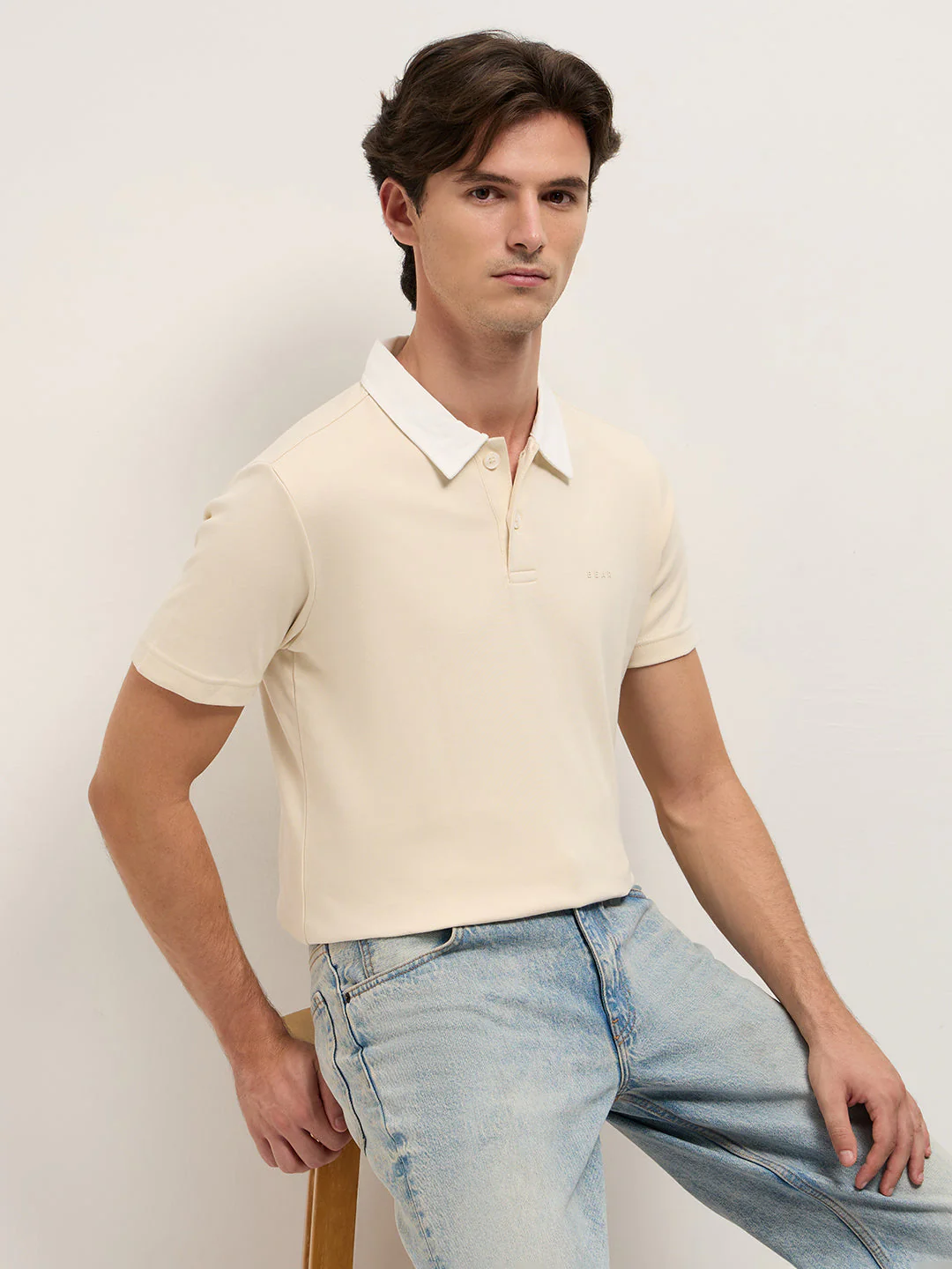 Men Beige Solid Slim Fit Polo
