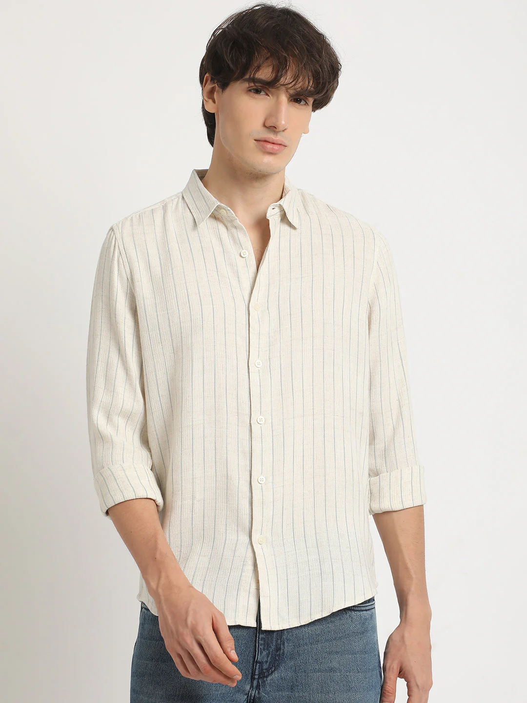Men Beige Stripe Slim Fit Cotton Casual Shirt - Image 2