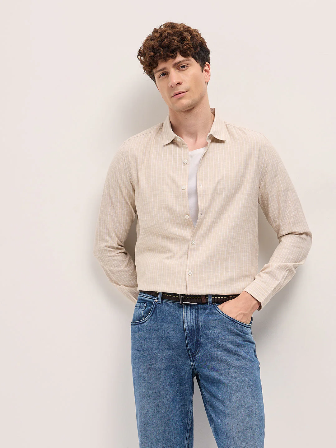 Men Beige Vertical Stripes Slim Fit Casual Shirt