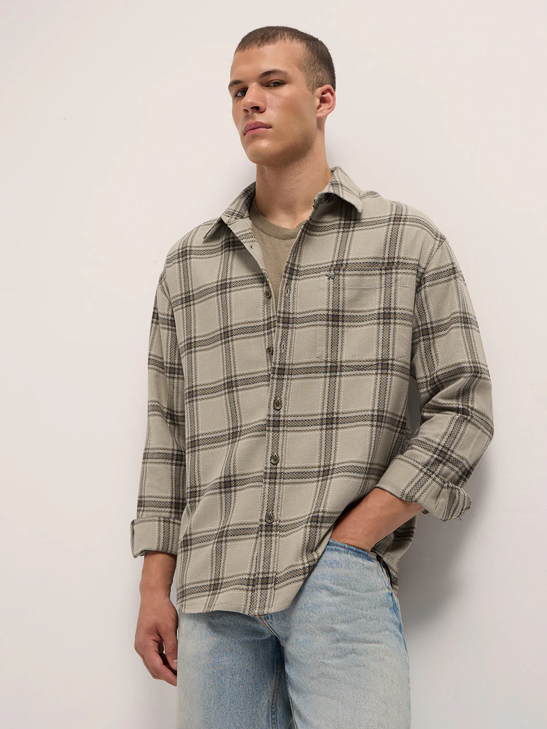 Men Beige Woven Checked Design Relaxed Fit Overshirt