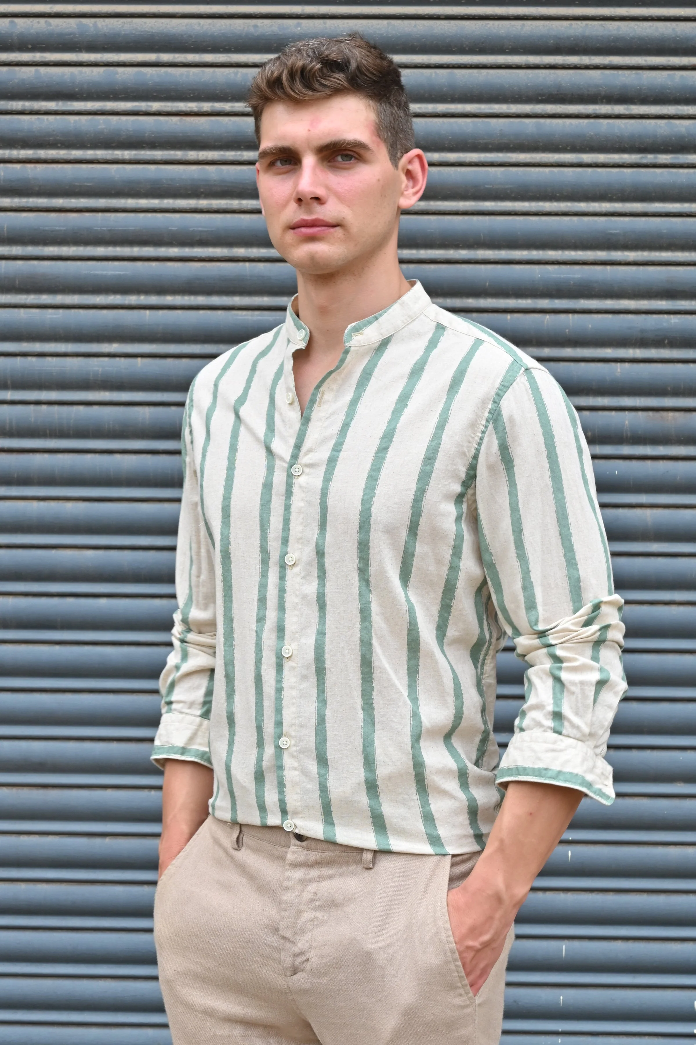 Men Billie Mao Collar Shirt Green