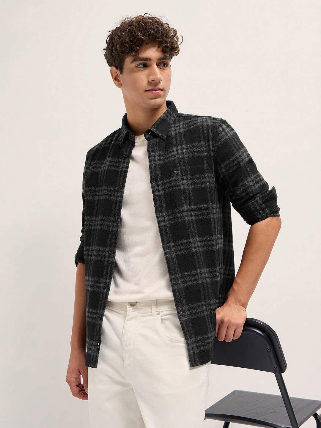Men Black and Grey Flannel Checked Slim Fit Casual Shirt