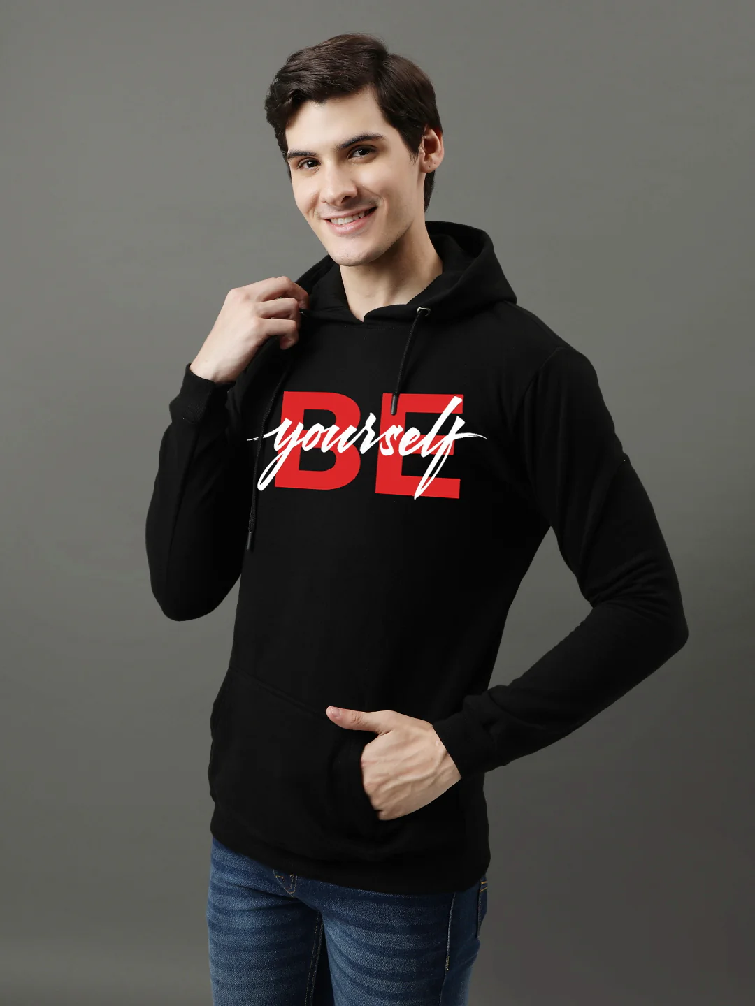 Men Black Be Yourself ton Printed Hoodie