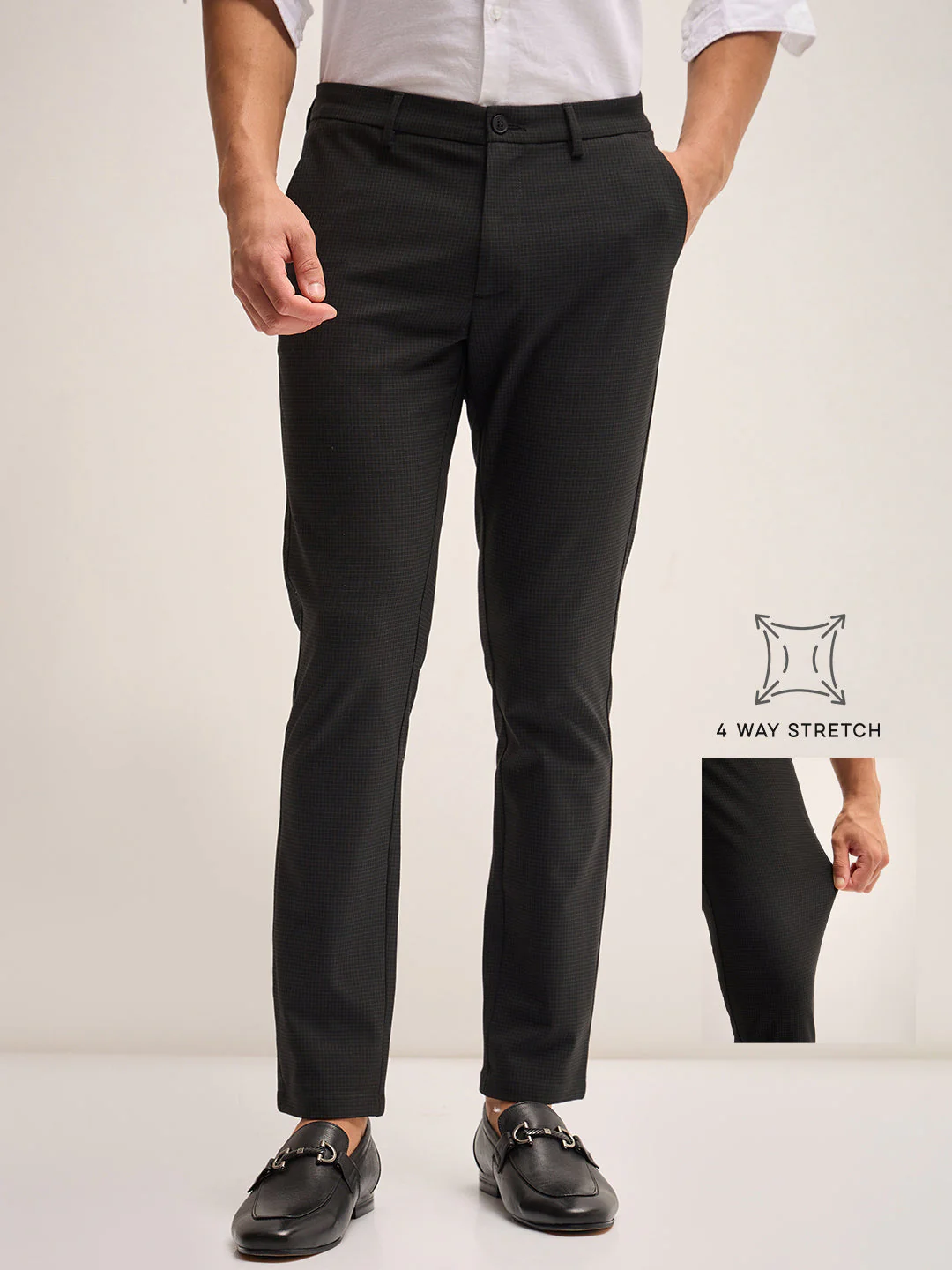 Men Black Checked 4 Way Stretch Formal Trouser