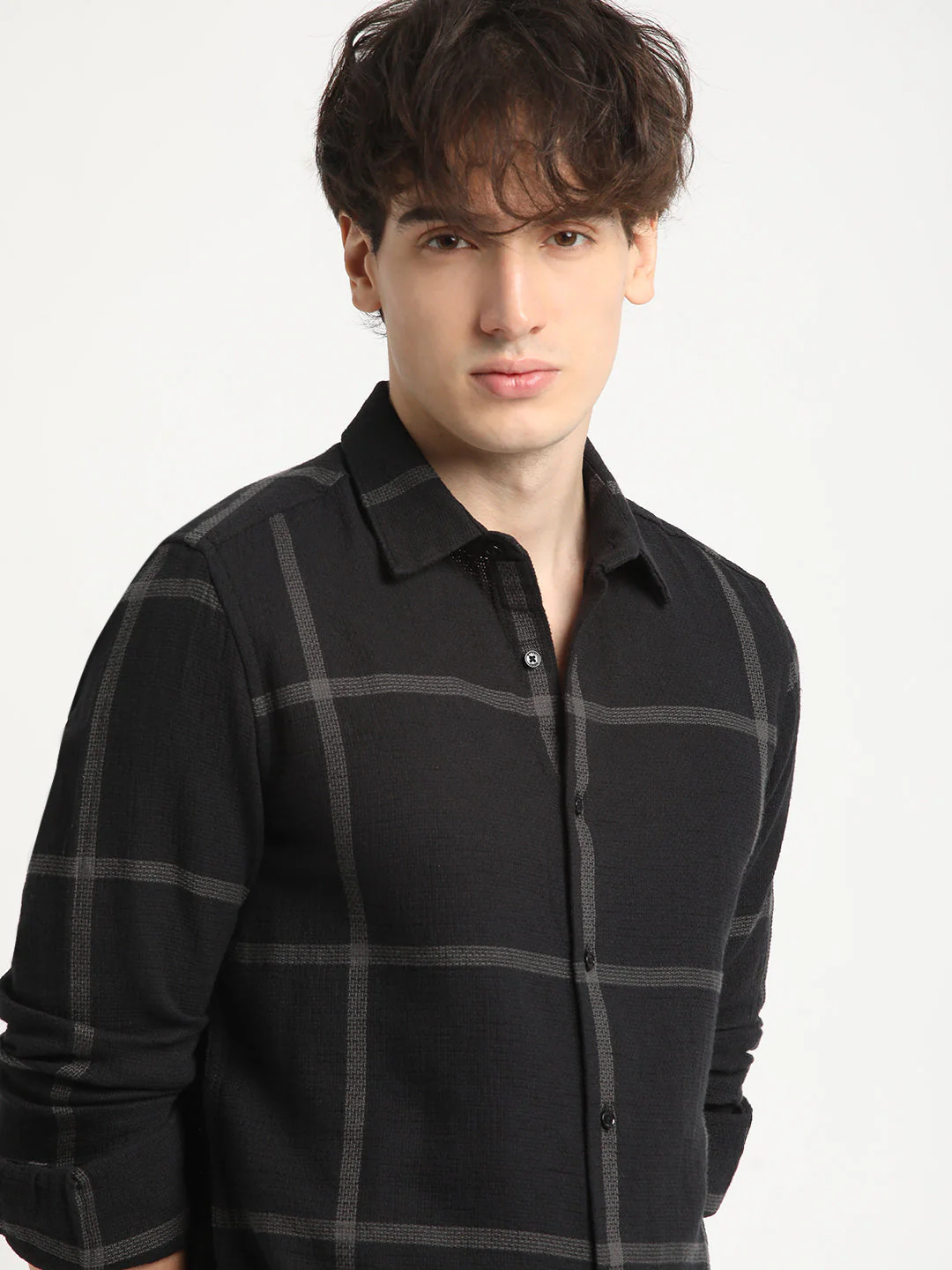Men Black Checked Slim Fit Cotton Casual Shirt
