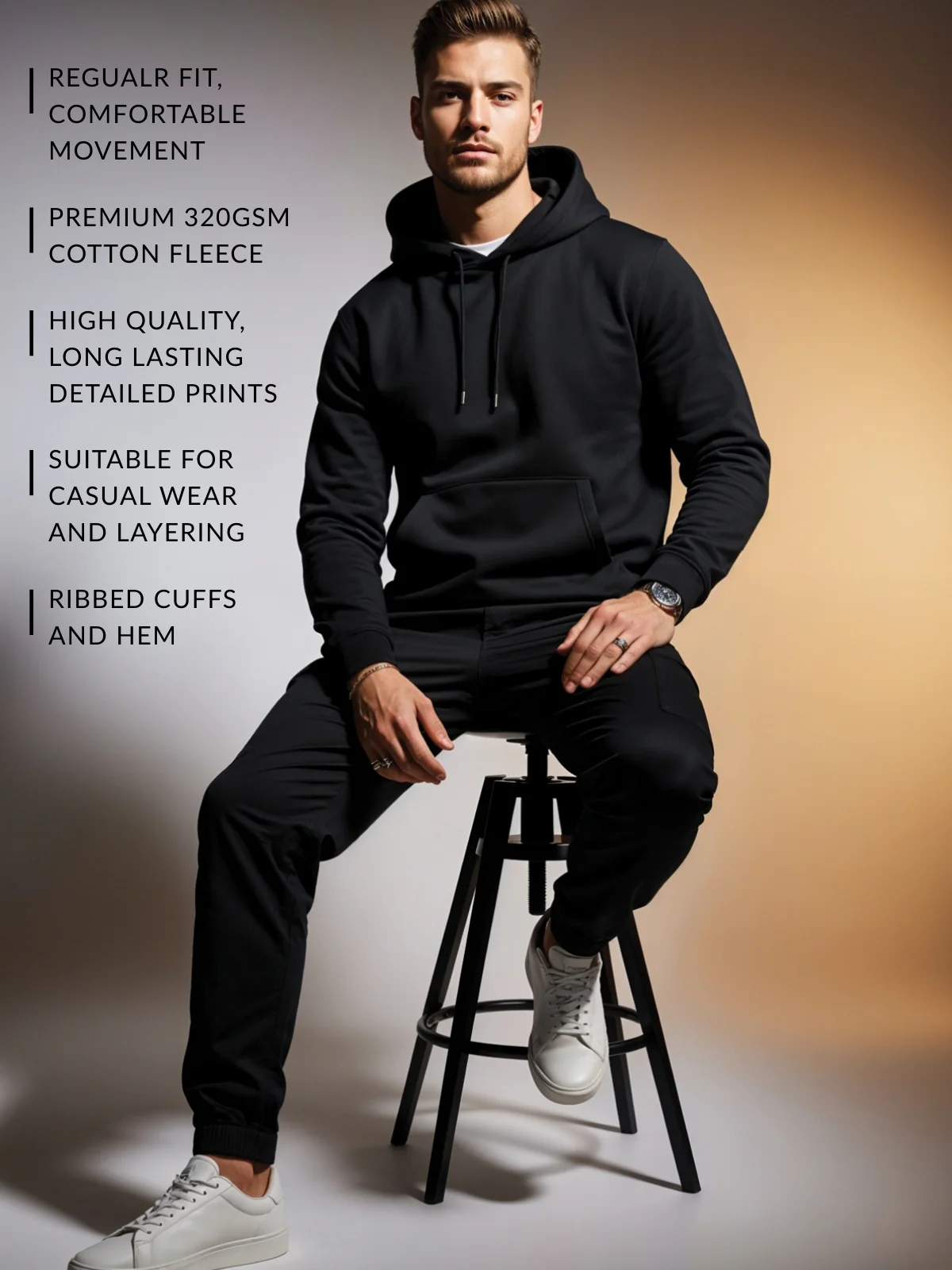 Men Black Cotton Fleece Printed Hoodie - Image 3