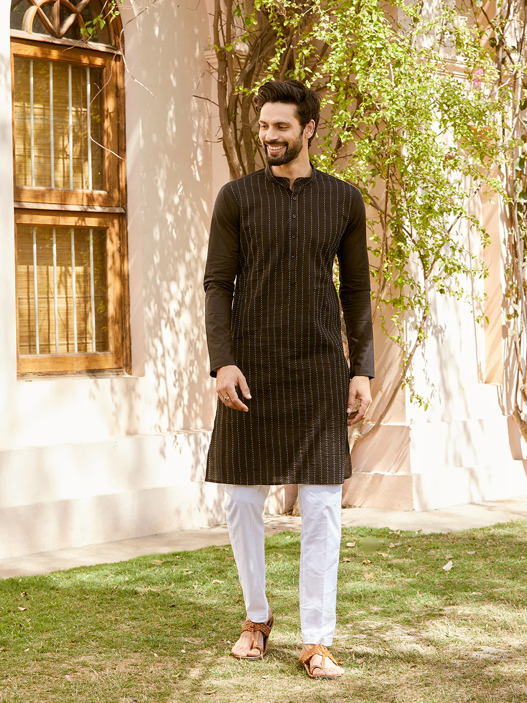 Men Black Cotton Pintex Design Thread Work Kurta