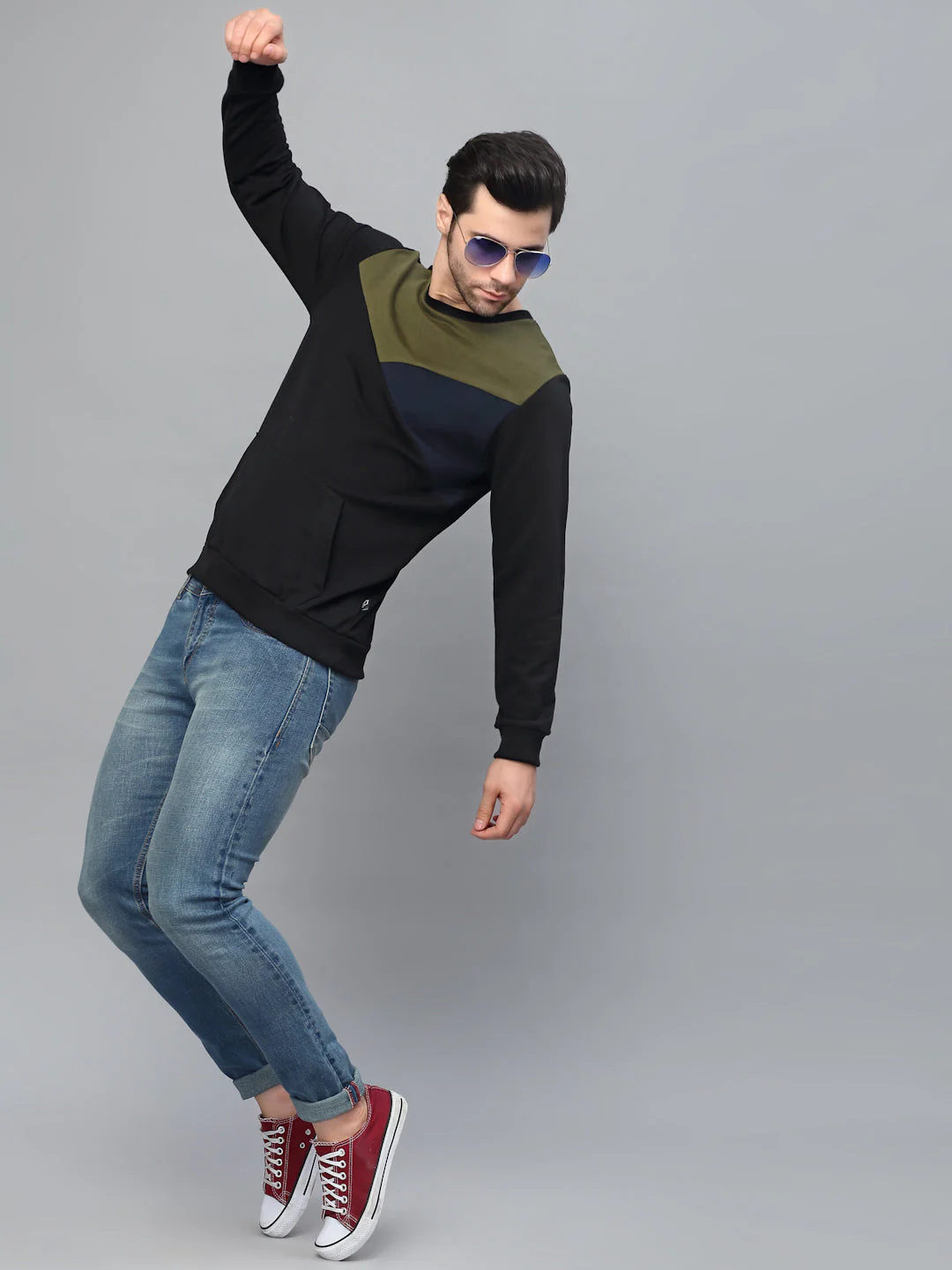 Men Black Cut & Sew Round Neck Terry Sweatshirt