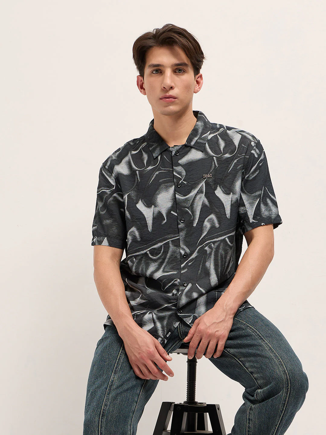 Men Black Digital Print Relaxed Fit Casual Shirt in Nylon Viscose