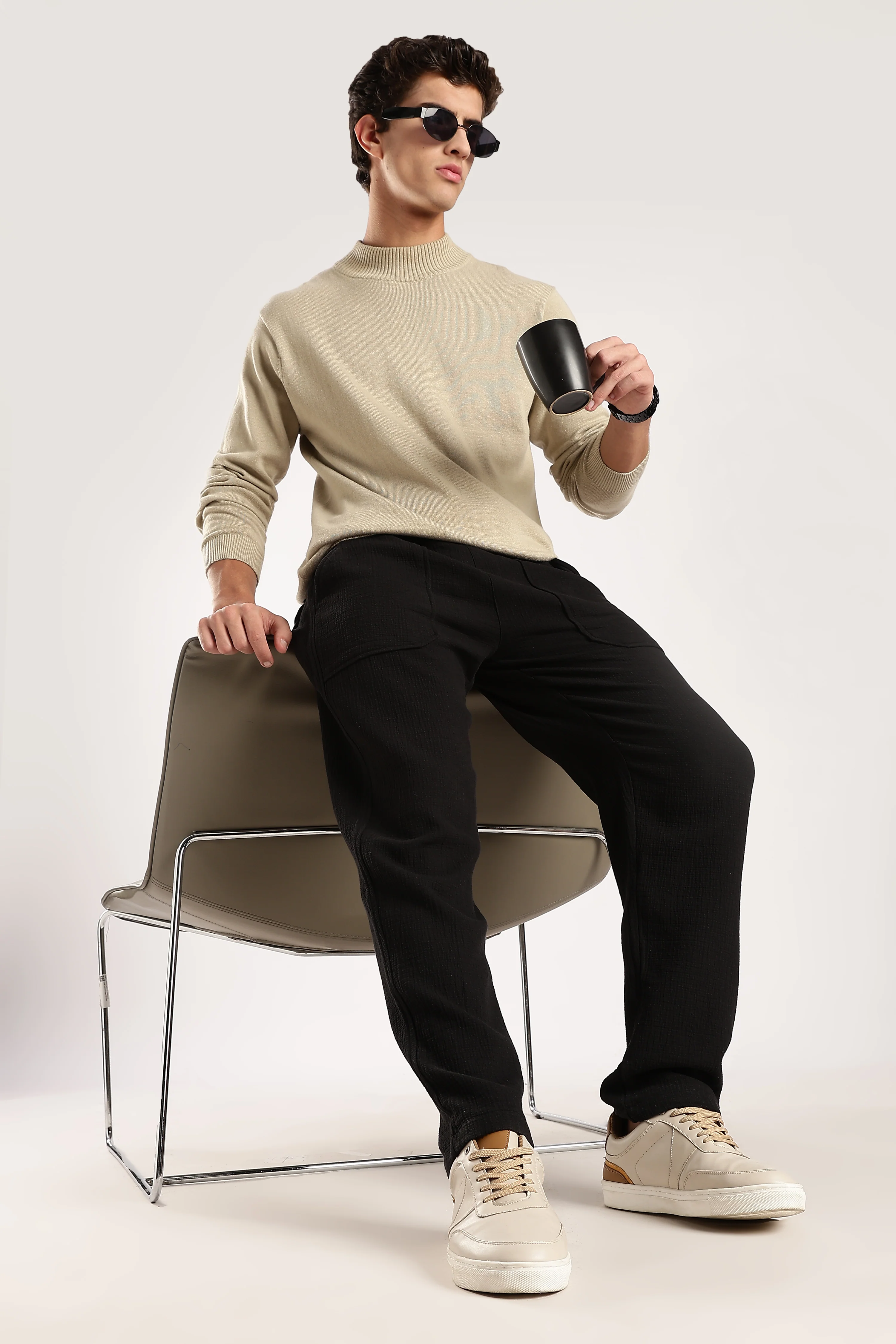 Men Black Drawcord Trousers