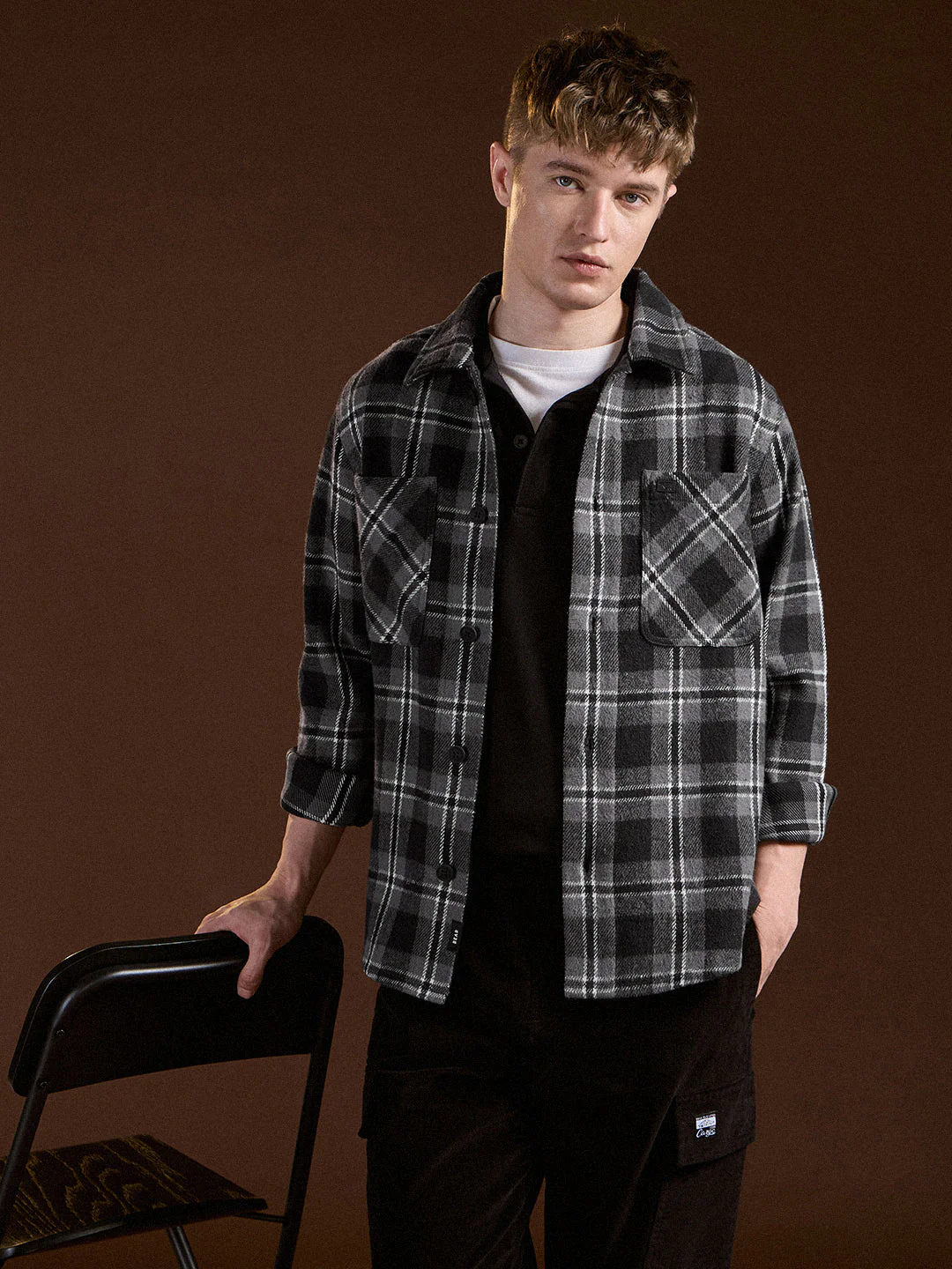 Men Black & Grey Flannel Checked Regular Fit Overshirt
