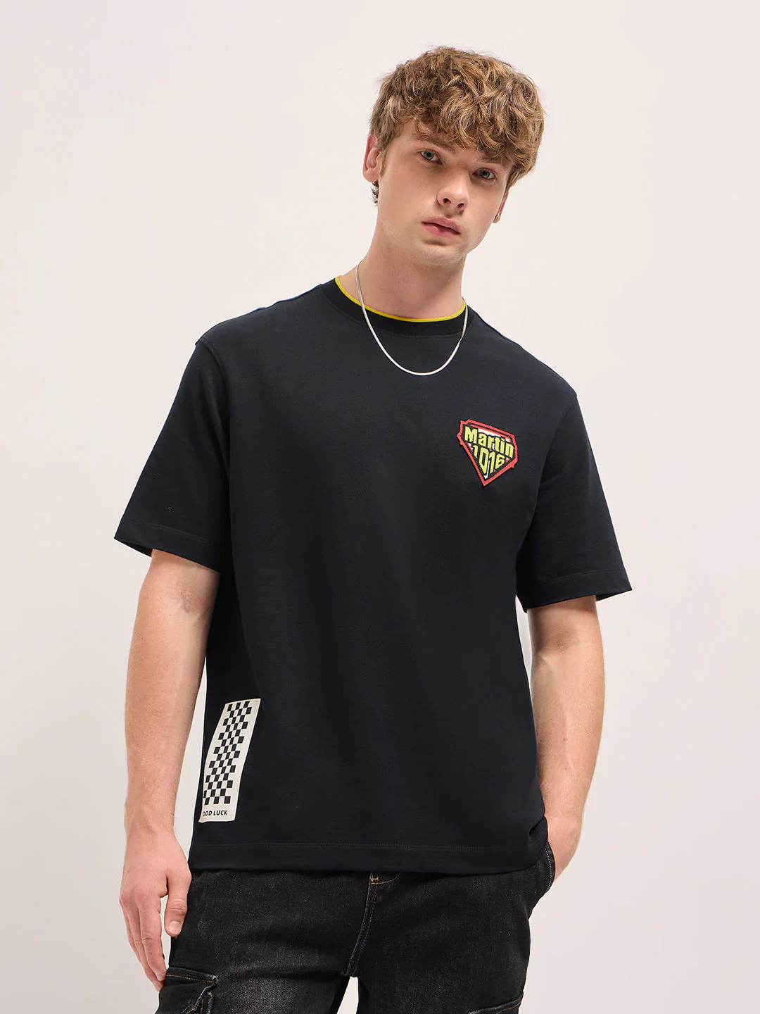 Men Black Oversize Graphic Design Crew Neck T-shirt