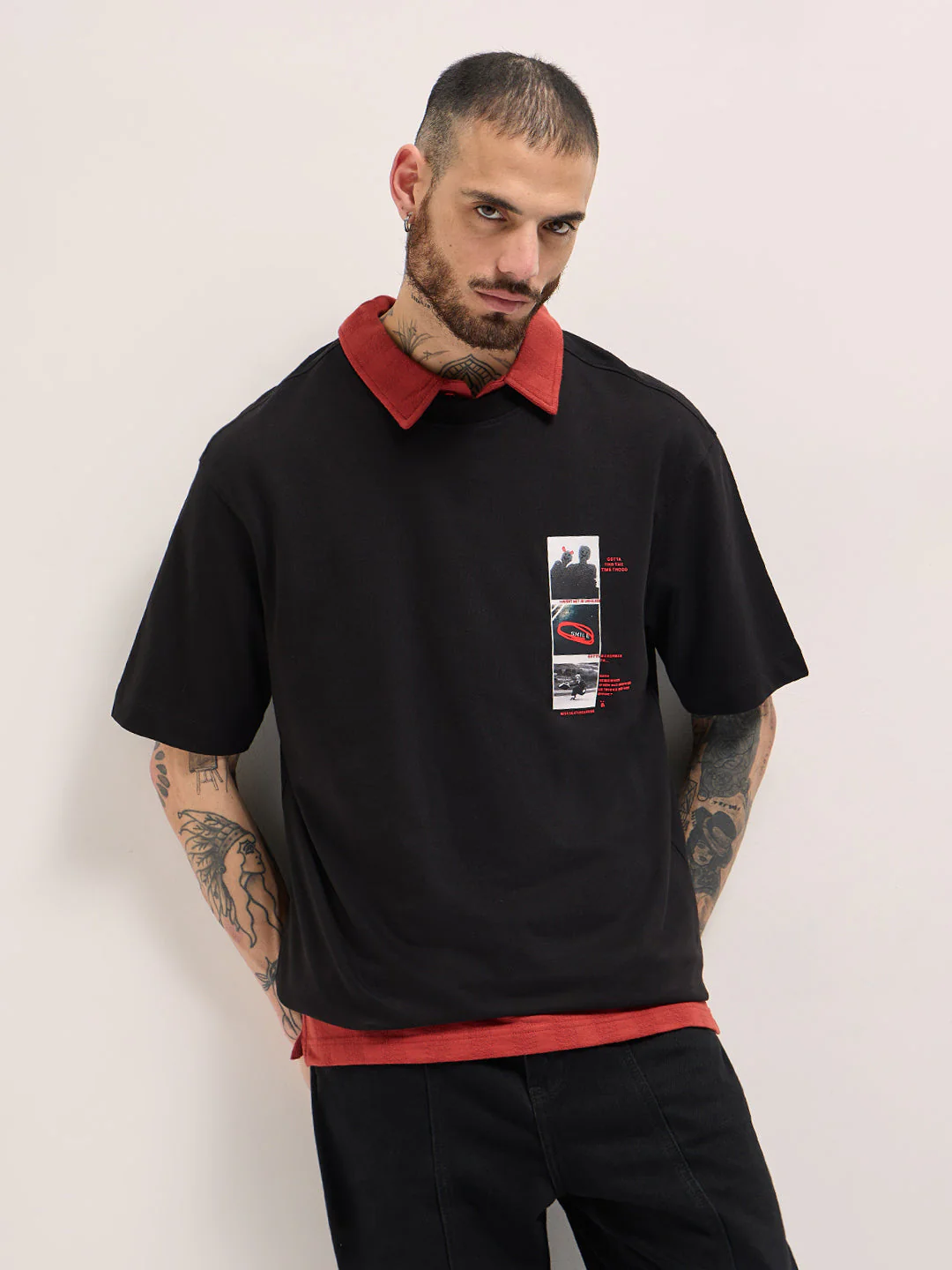 Men Black Oversize Panel-style graphic Prints Crew Neck T-shirt