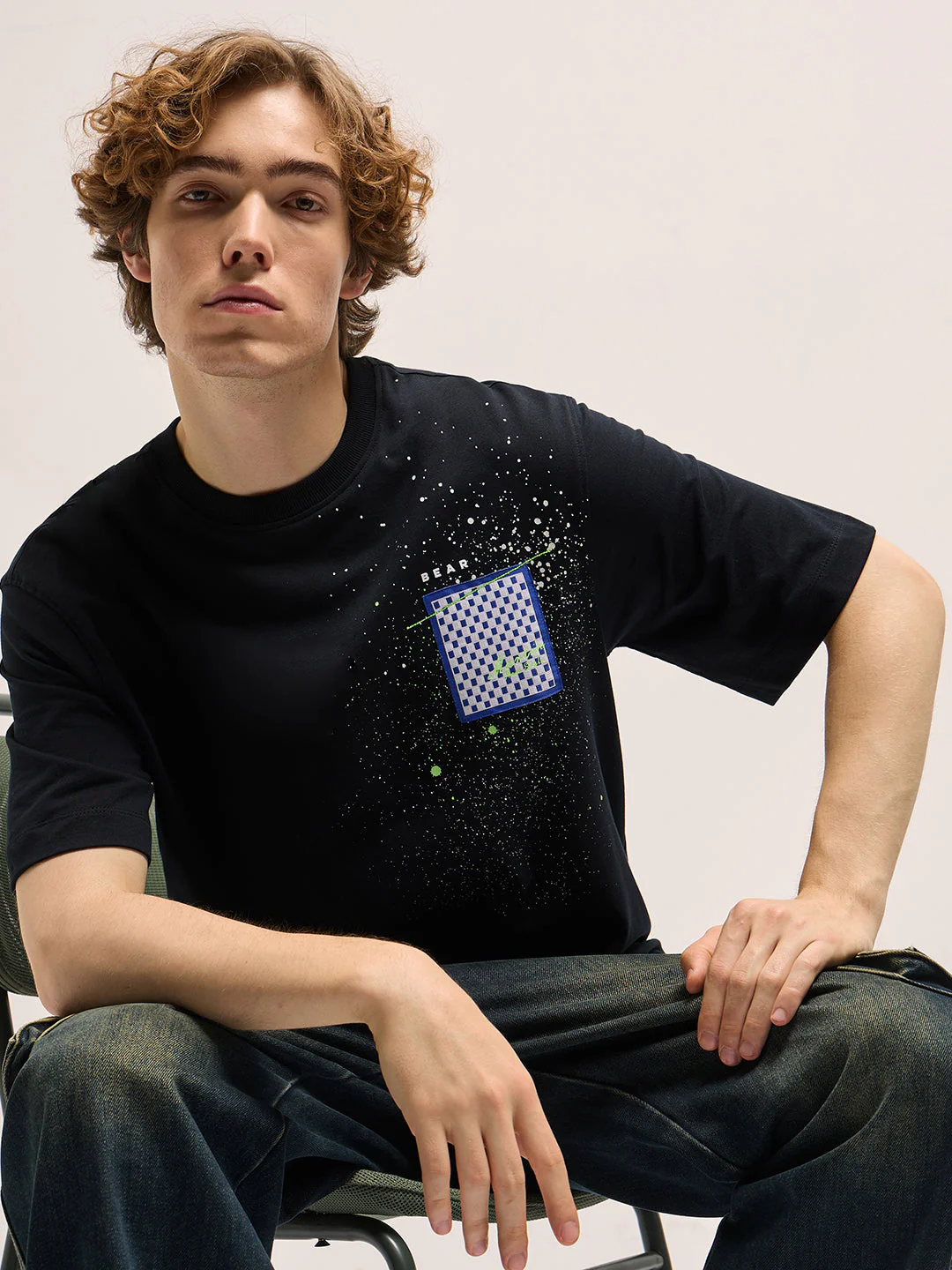 Men Black Oversize splatter paint effect Crew Neck T-shirt