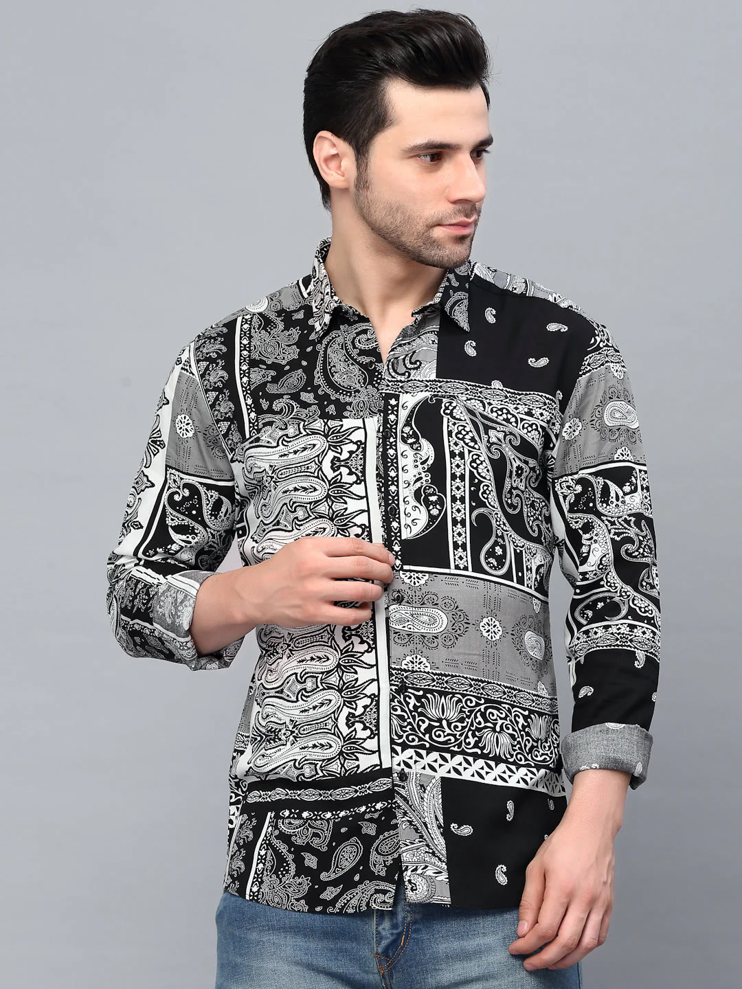 Men Black Paisley Printed Cut Away Collar Full Sleeve Shirt