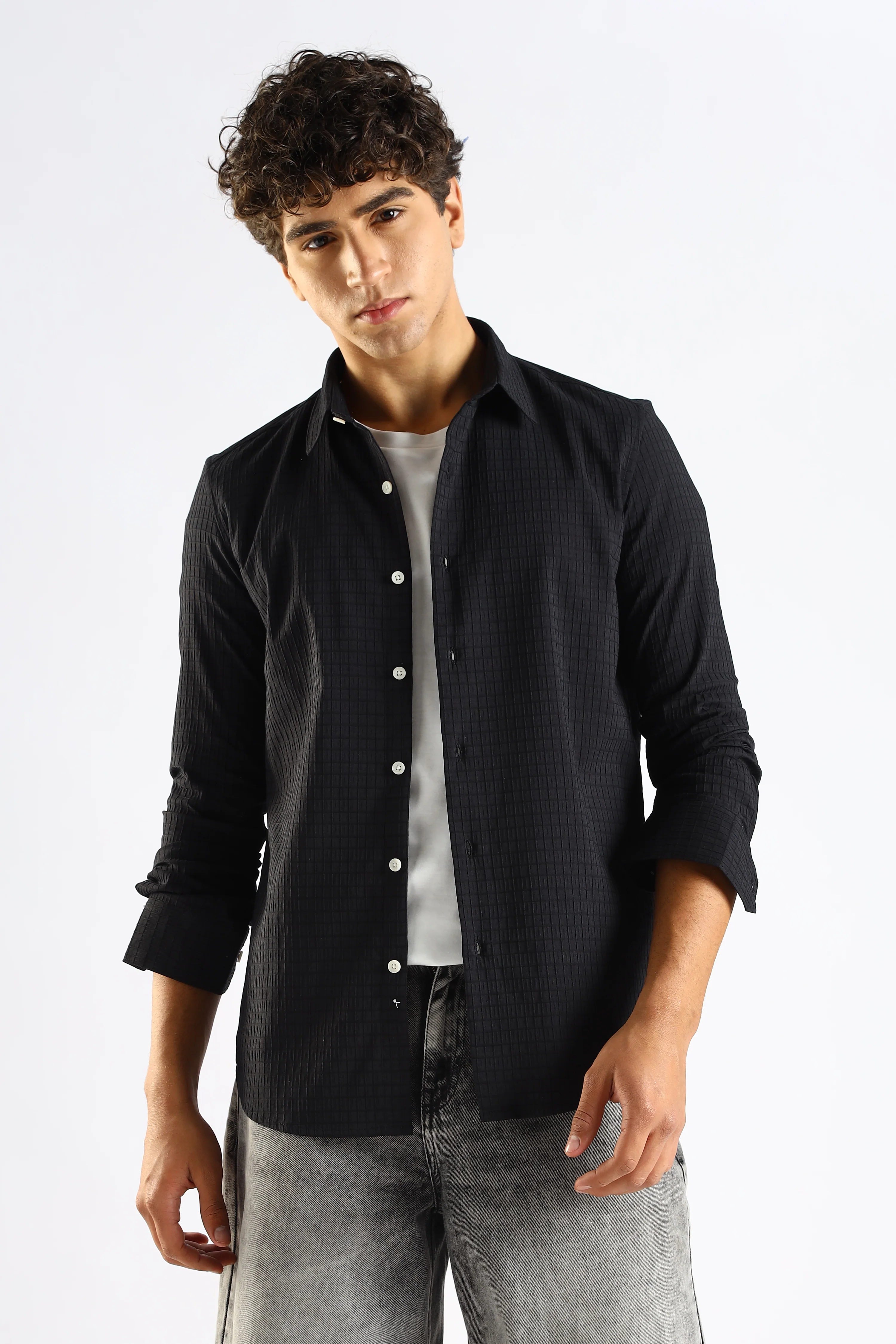 Men Black Poly Blend Slim Fit Shirt