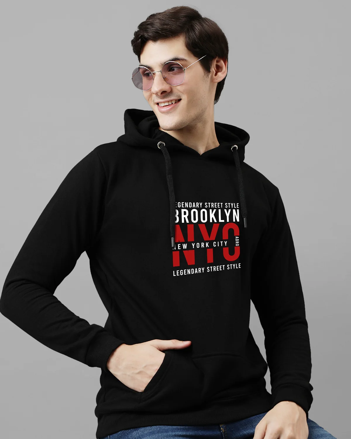 Men Black Printed Cotton Hoodie