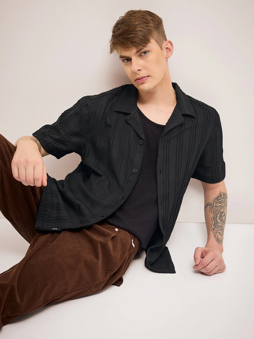 Men Black Self Design Regular Fit Casual Shirt