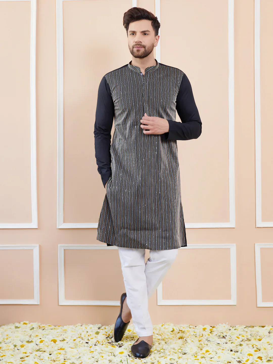 Men Black Sequins And Thread Worked Cotton Straight Kurta